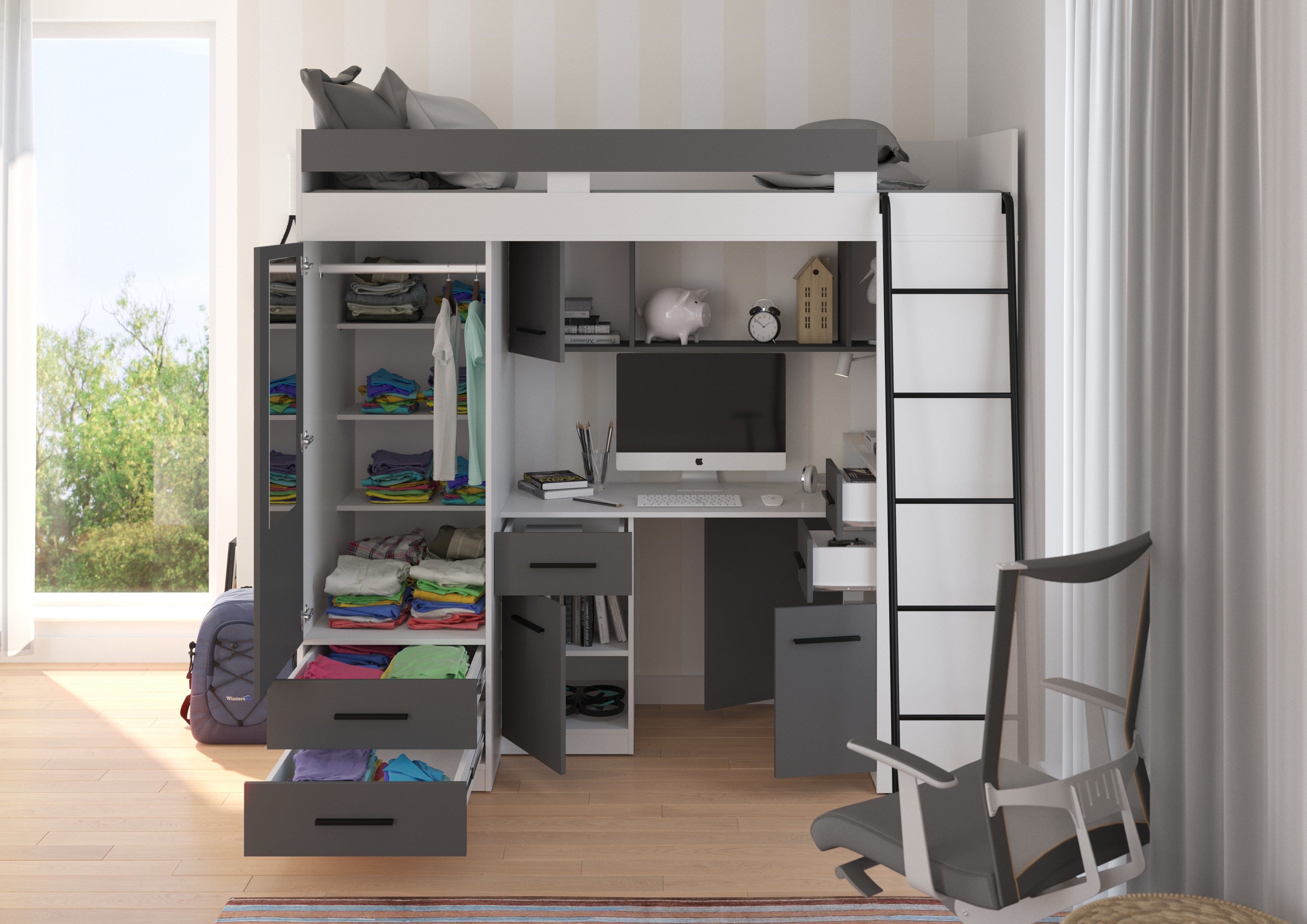 Etagenbett SMY-P mit Leiter rechts, Kleiderschrank, Schreibtisch und viele Regale