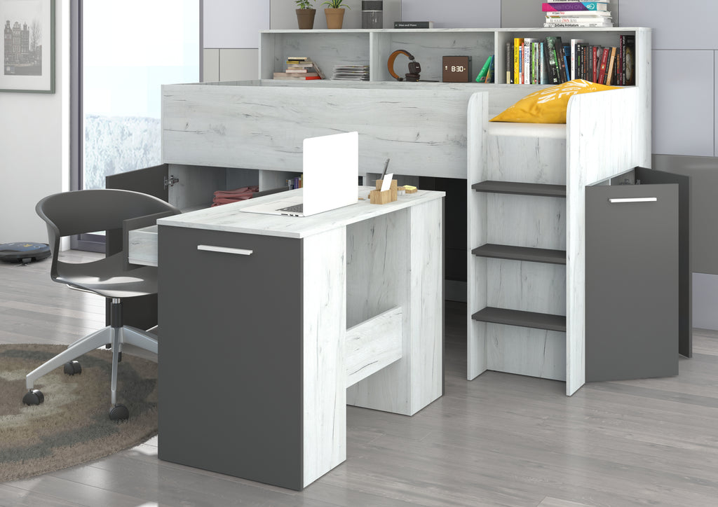 Etagenbett NE-P mit Treppe rechts, Ausziehbarer Schreibtisch und Doppel Schrank