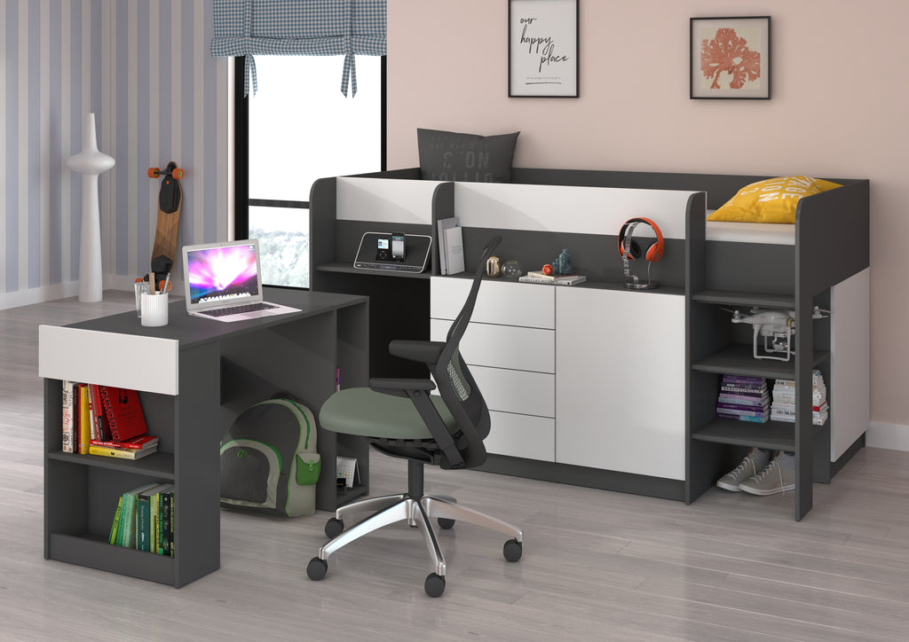 Etagenbett SMI-P mit Treppe rechts, Ausziehbarer Schreibtisch und kleiner Schrank