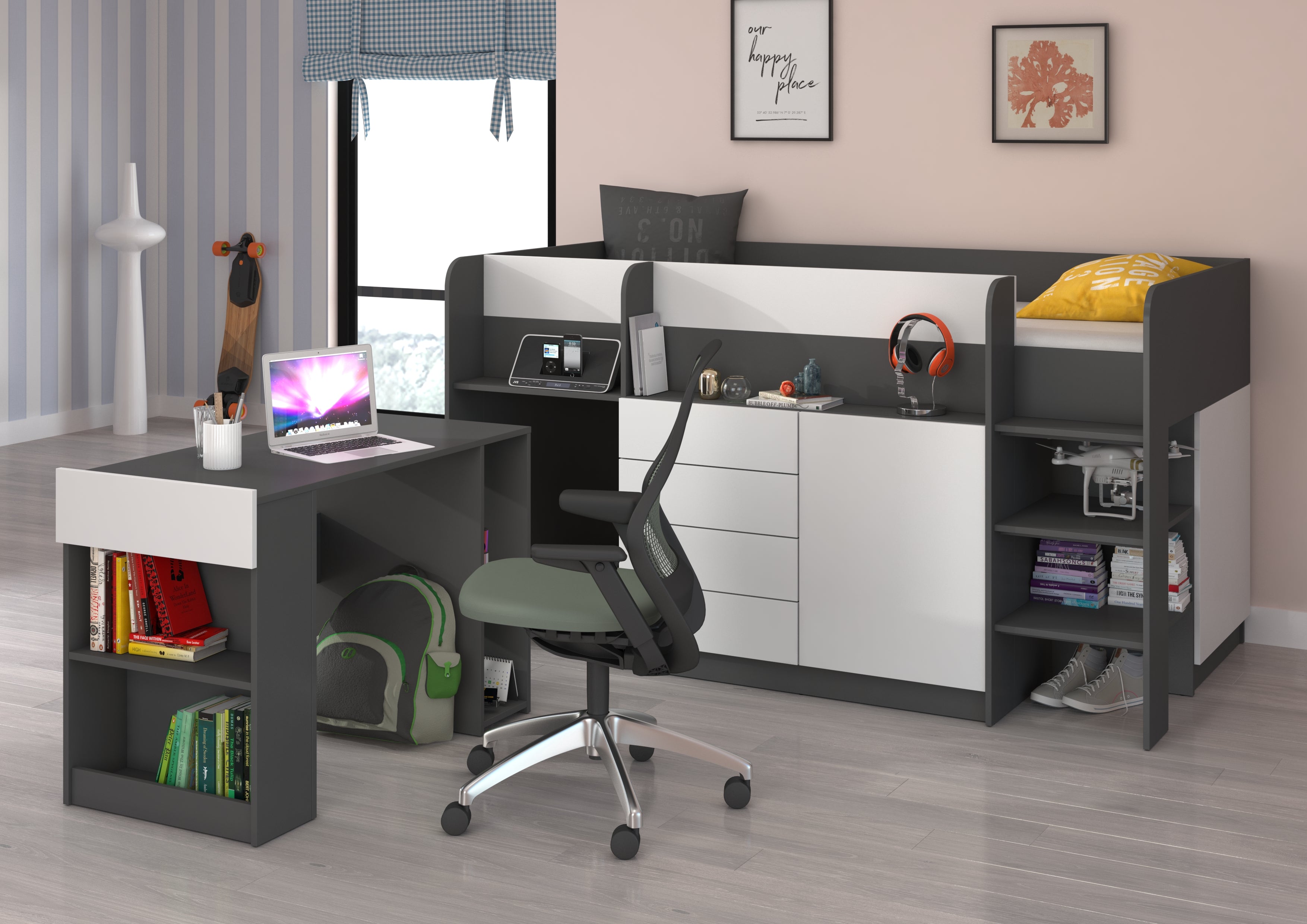 Etagenbett SMI-P mit Treppe rechts, Ausziehbarer Schreibtisch und kleiner Schrank