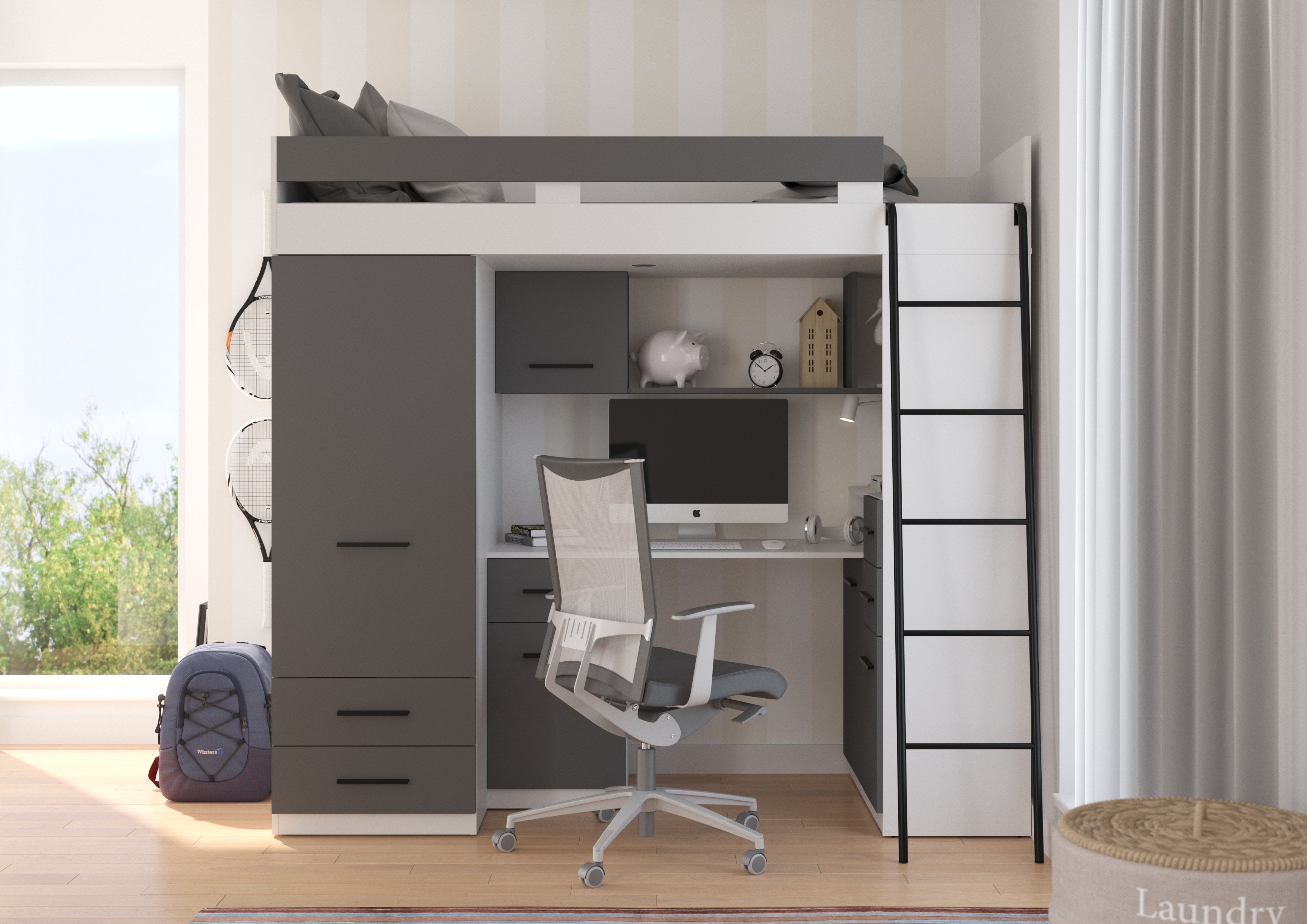 Etagenbett SMY-P mit Leiter rechts, Kleiderschrank, Schreibtisch und viele Regale