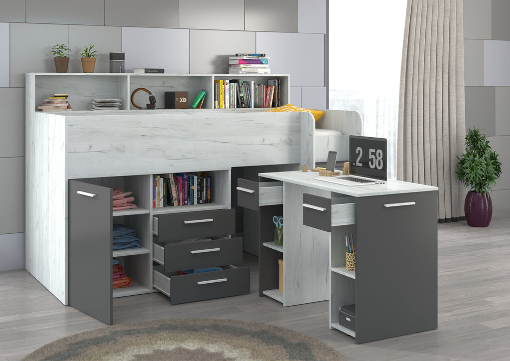 Etagenbett NE-P mit Treppe rechts, Ausziehbarer Schreibtisch und Doppel Schrank