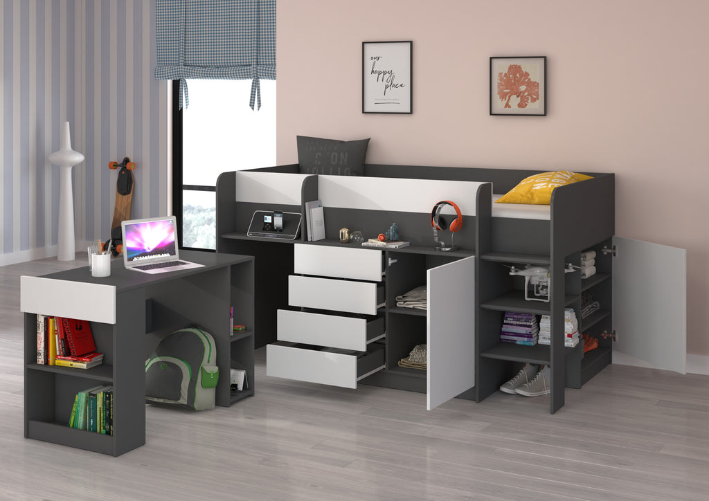 Etagenbett SMI-P mit Treppe rechts, Ausziehbarer Schreibtisch und kleiner Schrank