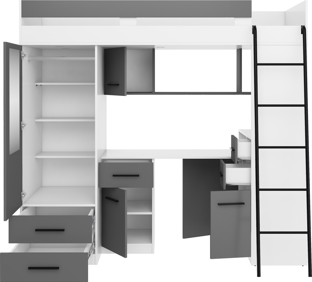 Etagenbett SMY-P mit Leiter rechts, Kleiderschrank, Schreibtisch und viele Regale