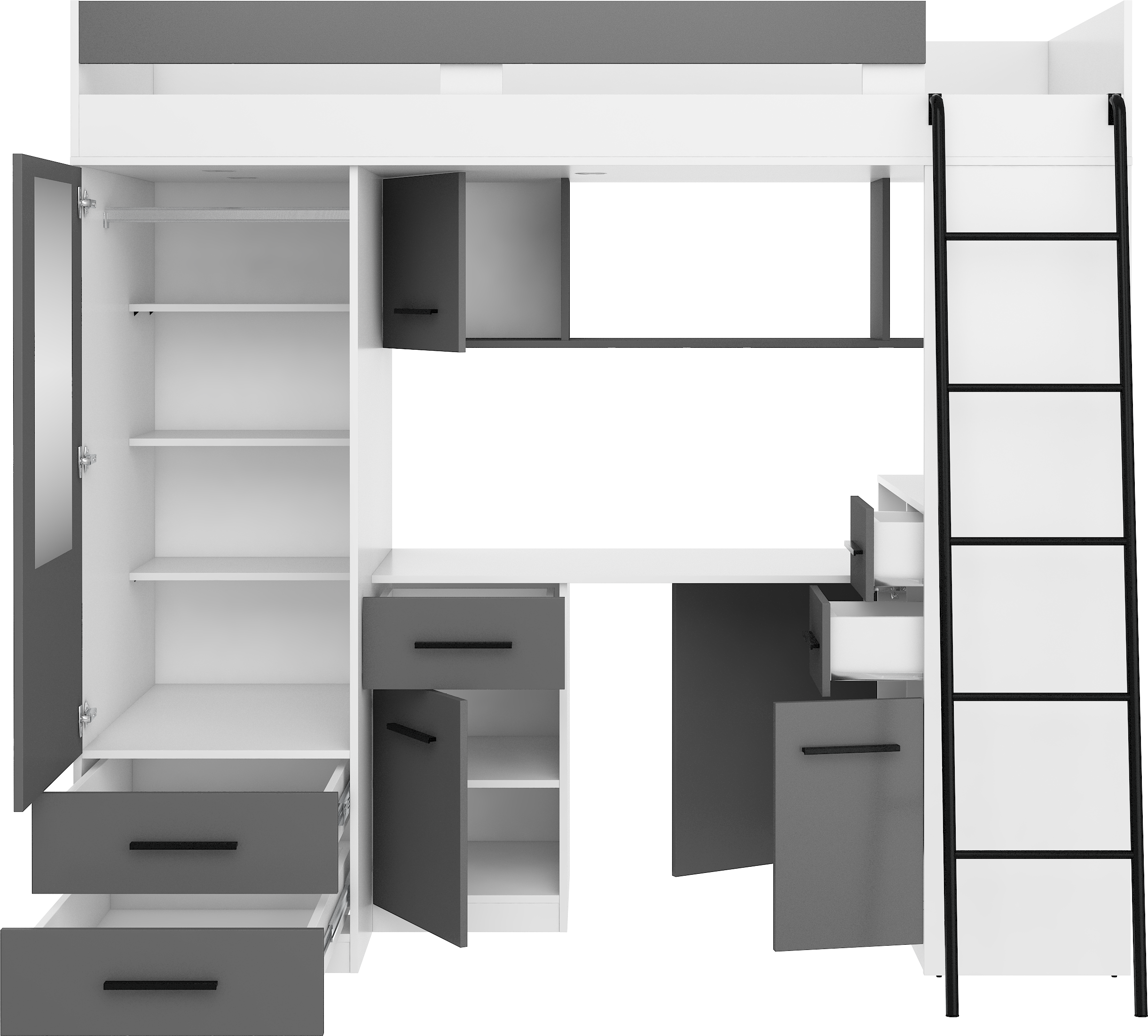 Etagenbett SMY-P mit Leiter rechts, Kleiderschrank, Schreibtisch und viele Regale