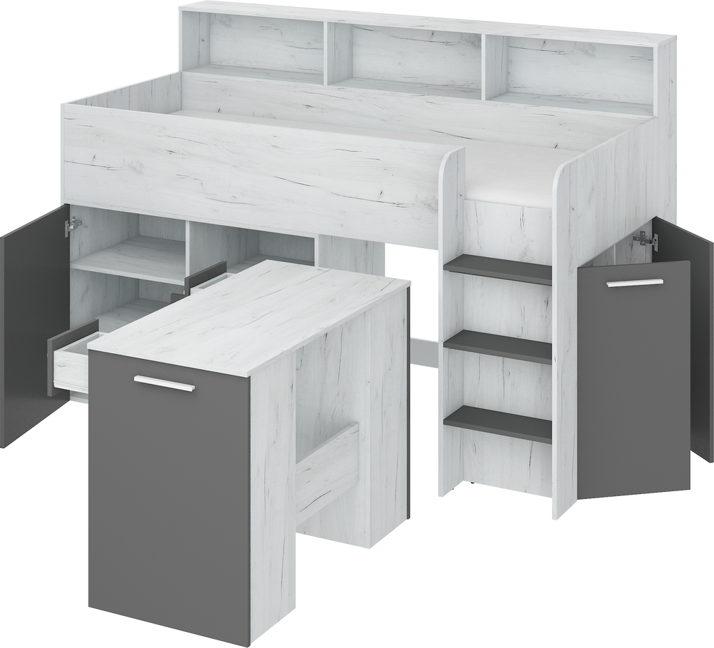Etagenbett NE-P mit Treppe rechts, Ausziehbarer Schreibtisch und Doppel Schrank