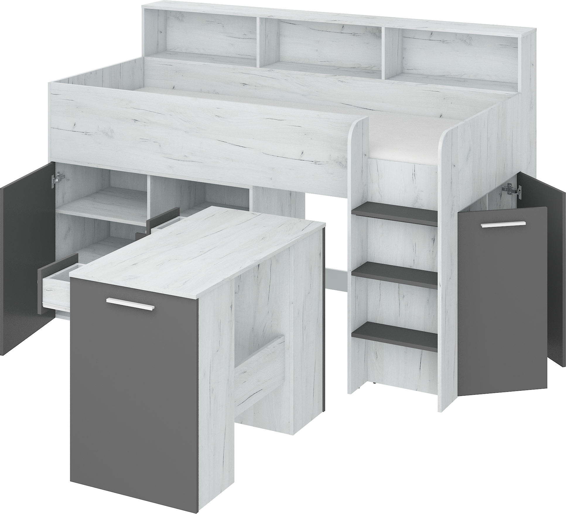 Etagenbett NE-P mit Treppe rechts, Ausziehbarer Schreibtisch und Doppel Schrank