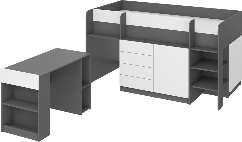 Etagenbett SMI-P mit Treppe rechts, Ausziehbarer Schreibtisch und kleiner Schrank