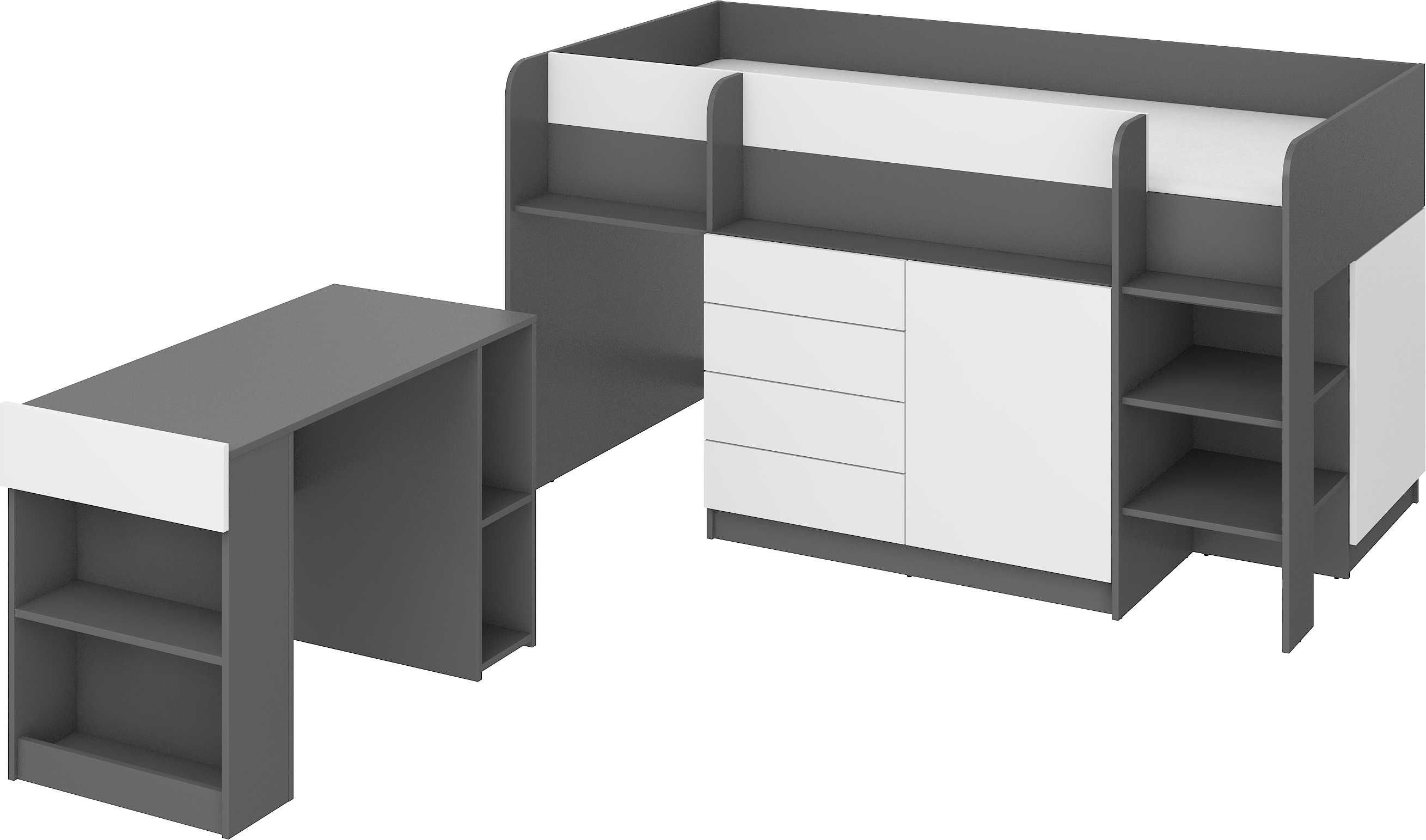 Etagenbett SMI-P mit Treppe rechts, Ausziehbarer Schreibtisch und kleiner Schrank