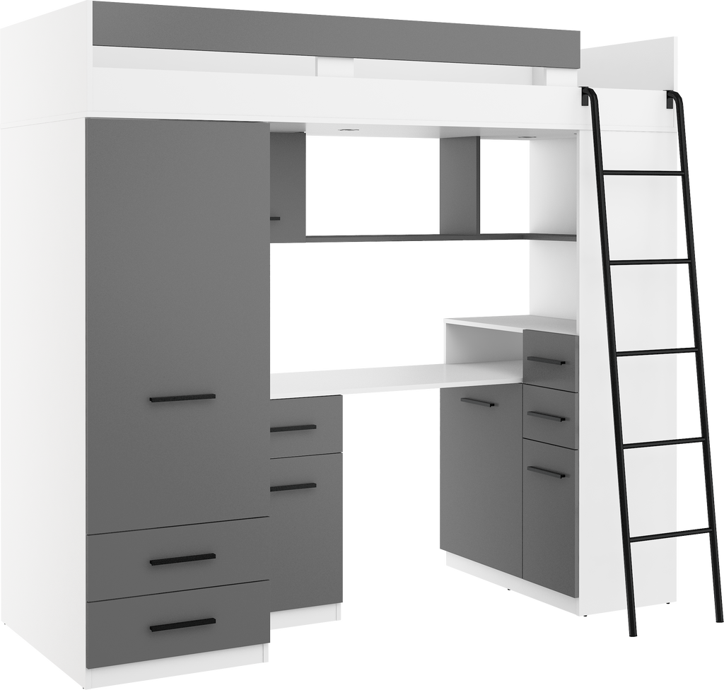 Etagenbett SMY-P mit Leiter rechts, Kleiderschrank, Schreibtisch und viele Regale