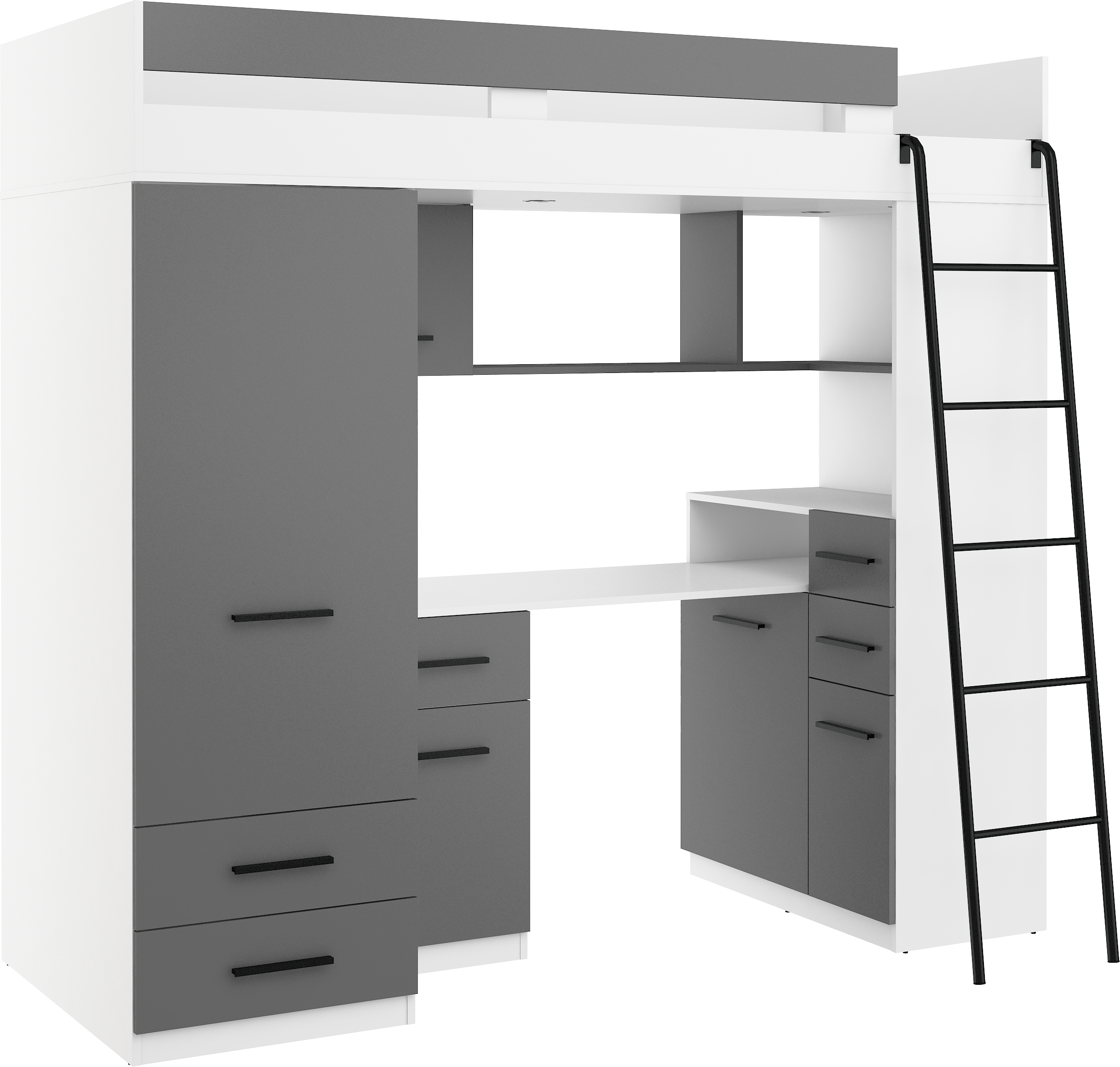 Etagenbett SMY-P mit Leiter rechts, Kleiderschrank, Schreibtisch und viele Regale