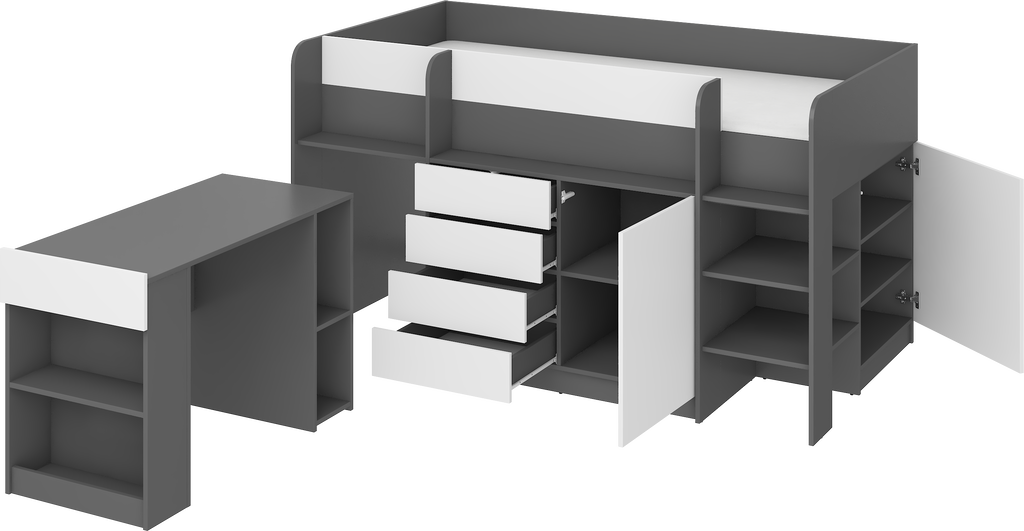 Etagenbett SMI-P mit Treppe rechts, Ausziehbarer Schreibtisch und kleiner Schrank