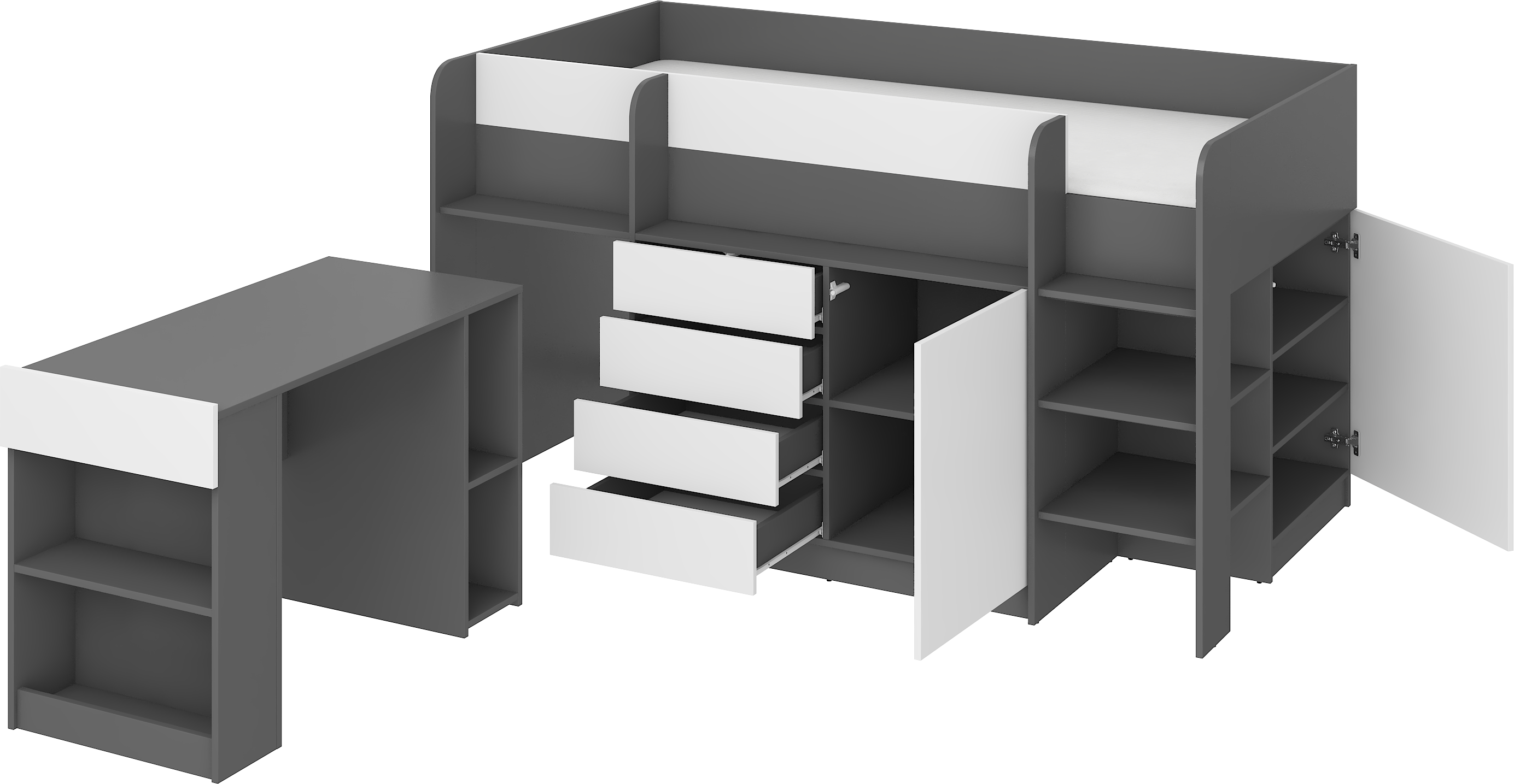 Etagenbett SMI-P mit Treppe rechts, Ausziehbarer Schreibtisch und kleiner Schrank