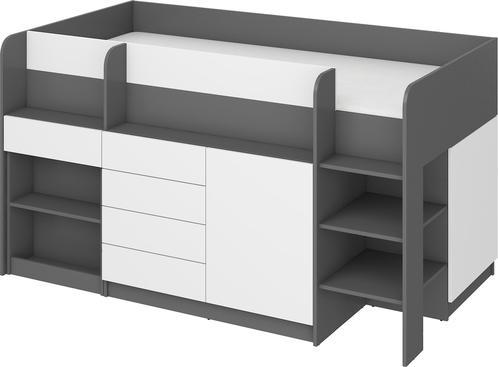 Etagenbett SMI-P mit Treppe rechts, Ausziehbarer Schreibtisch und kleiner Schrank