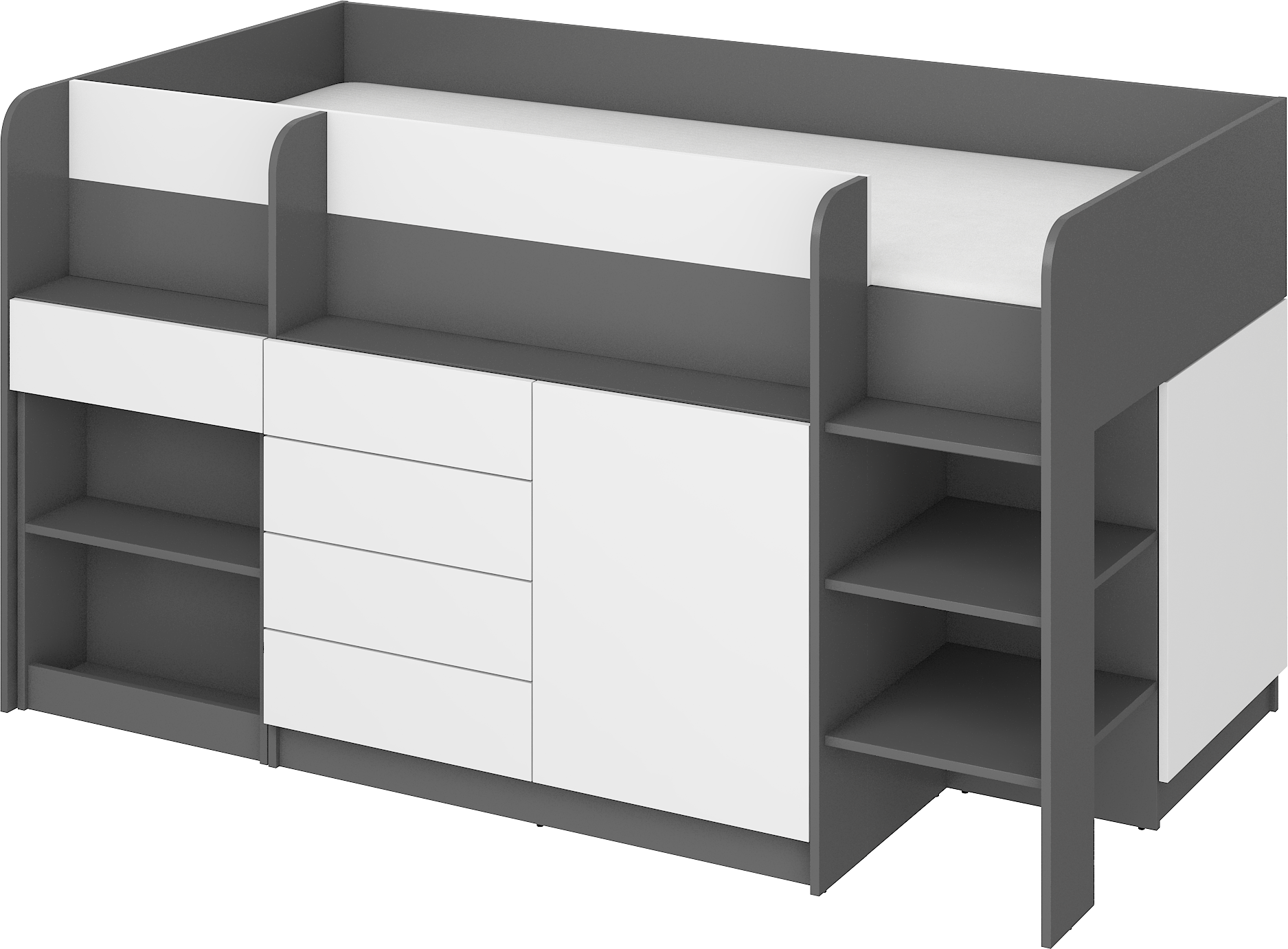 Etagenbett SMI-P mit Treppe rechts, Ausziehbarer Schreibtisch und kleiner Schrank