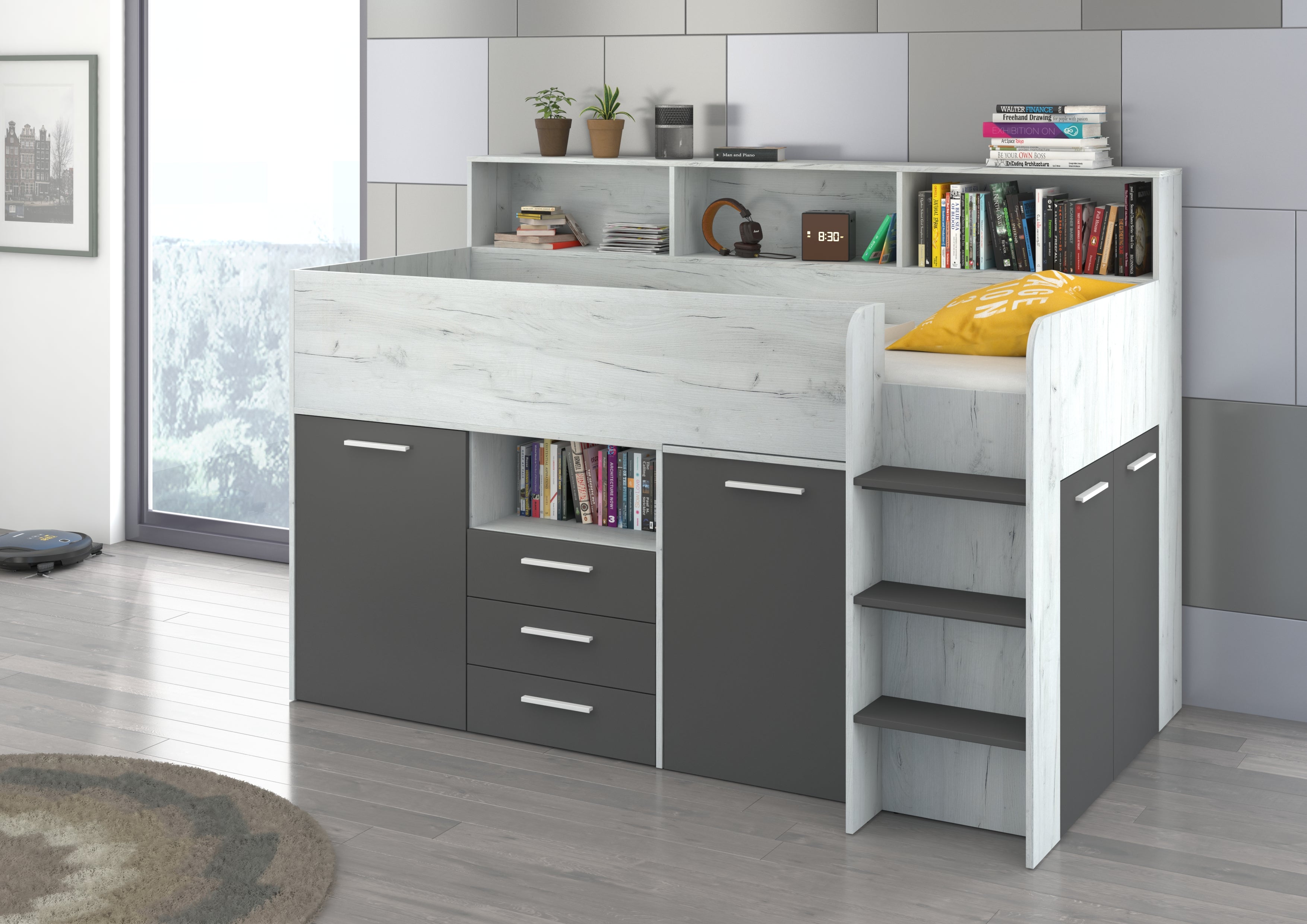 Etagenbett NE-P mit Treppe rechts, Ausziehbarer Schreibtisch und Doppel Schrank