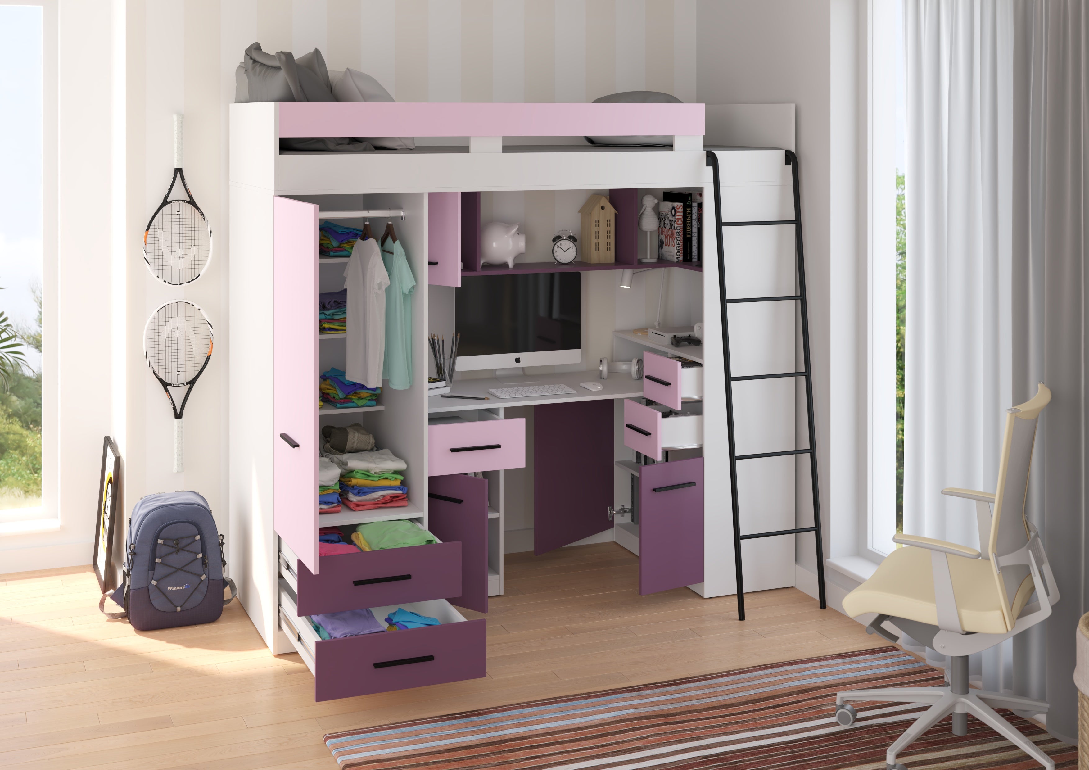 Etagenbett SMY-P mit Leiter rechts, Kleiderschrank, Schreibtisch und viele Regale