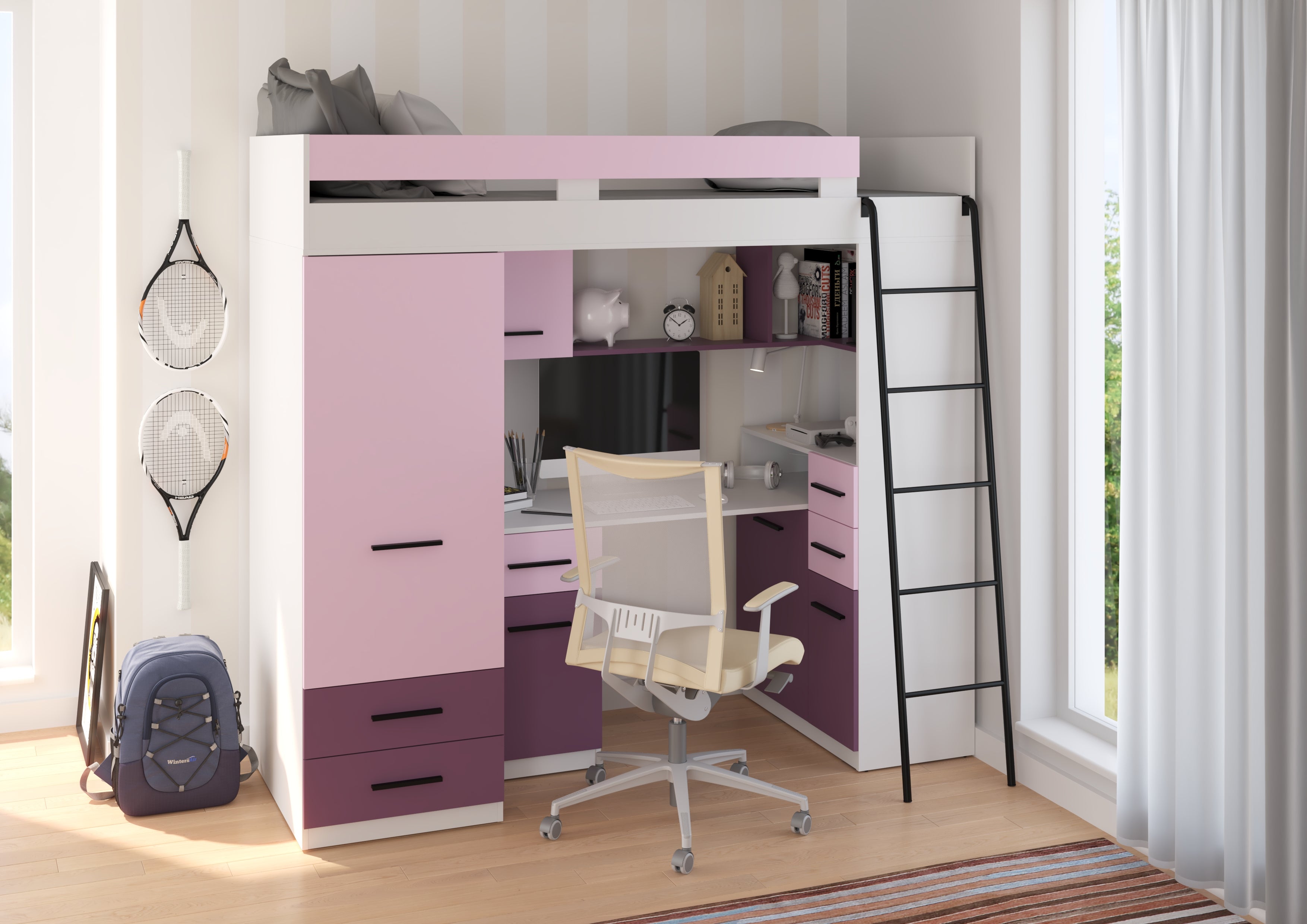 Etagenbett SMY-P mit Leiter rechts, Kleiderschrank, Schreibtisch und viele Regale