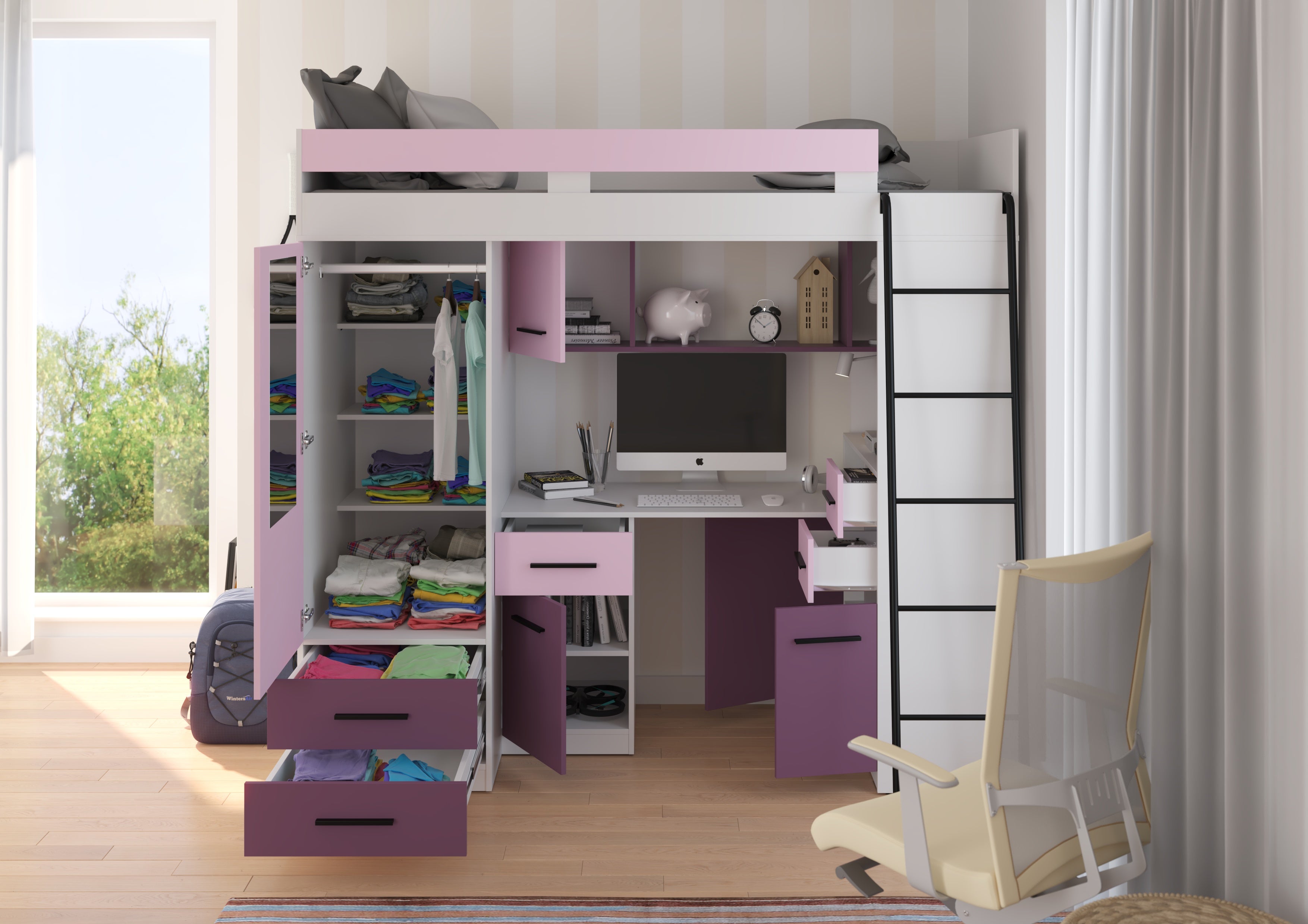 Etagenbett SMY-P mit Leiter rechts, Kleiderschrank, Schreibtisch und viele Regale