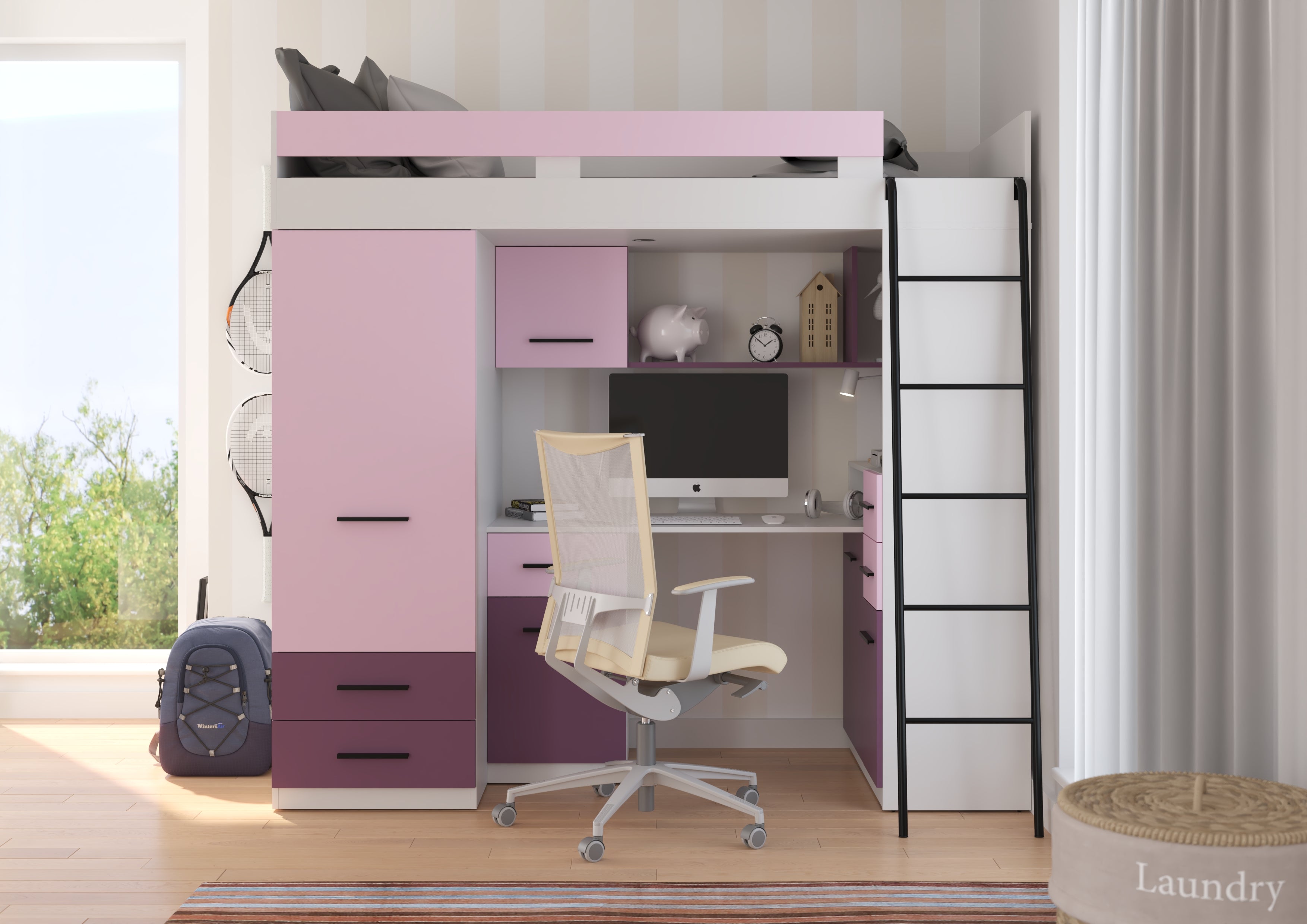 Etagenbett SMY-P mit Leiter rechts, Kleiderschrank, Schreibtisch und viele Regale