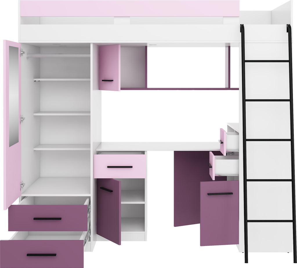 Etagenbett SMY-P mit Leiter rechts, Kleiderschrank, Schreibtisch und viele Regale