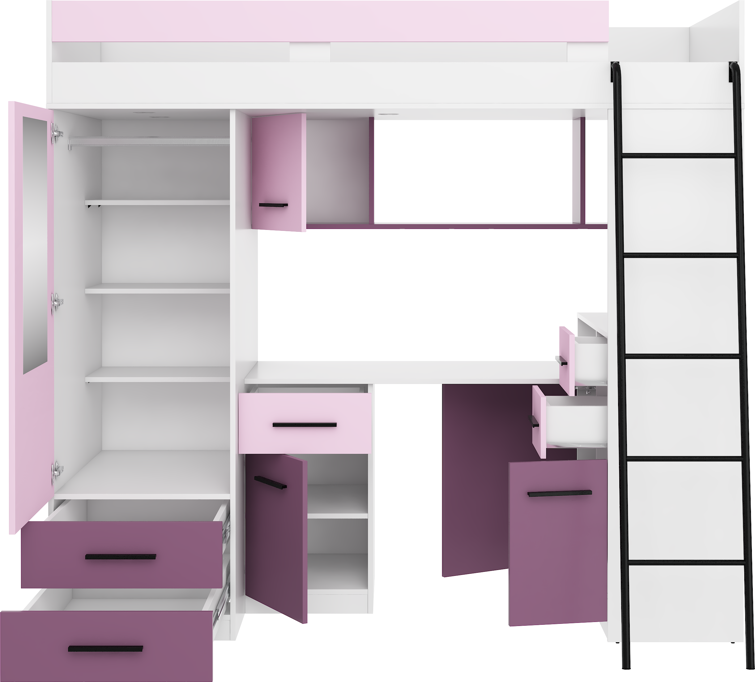 Etagenbett SMY-P mit Leiter rechts, Kleiderschrank, Schreibtisch und viele Regale