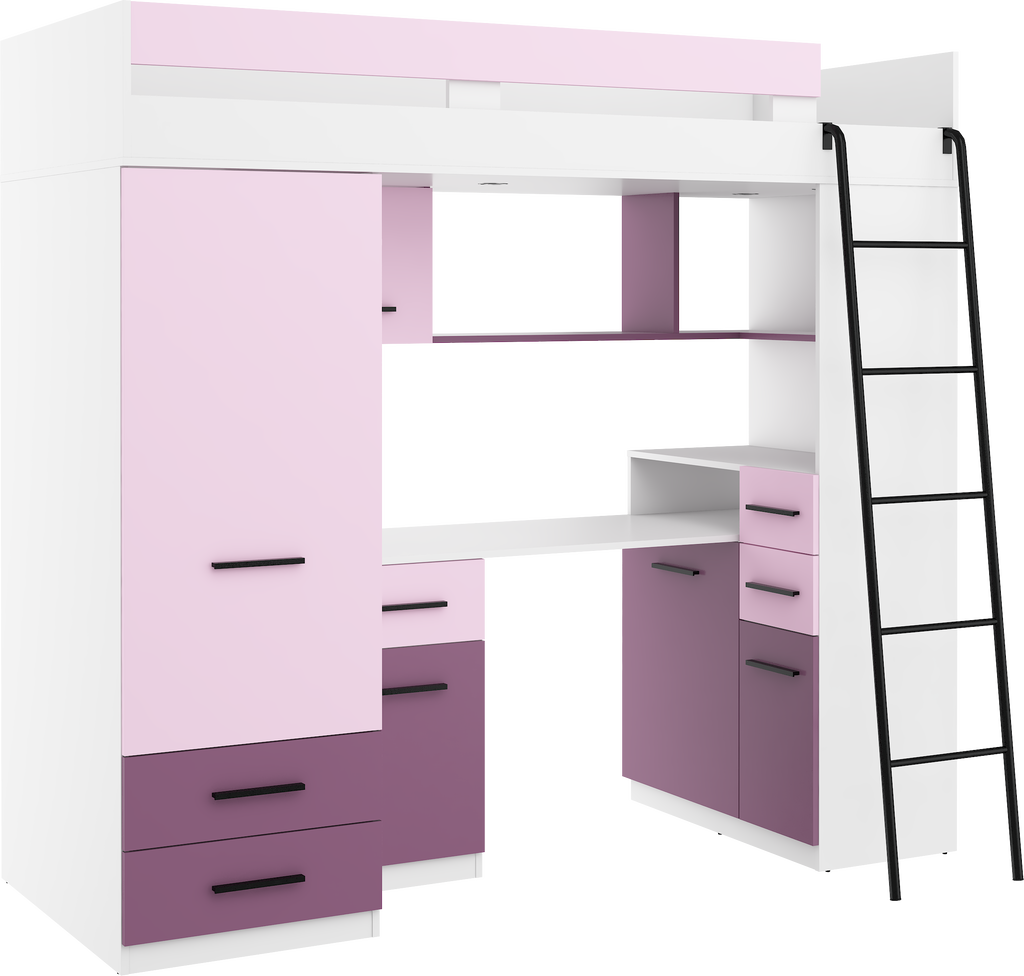 Etagenbett SMY-P mit Leiter rechts, Kleiderschrank, Schreibtisch und viele Regale