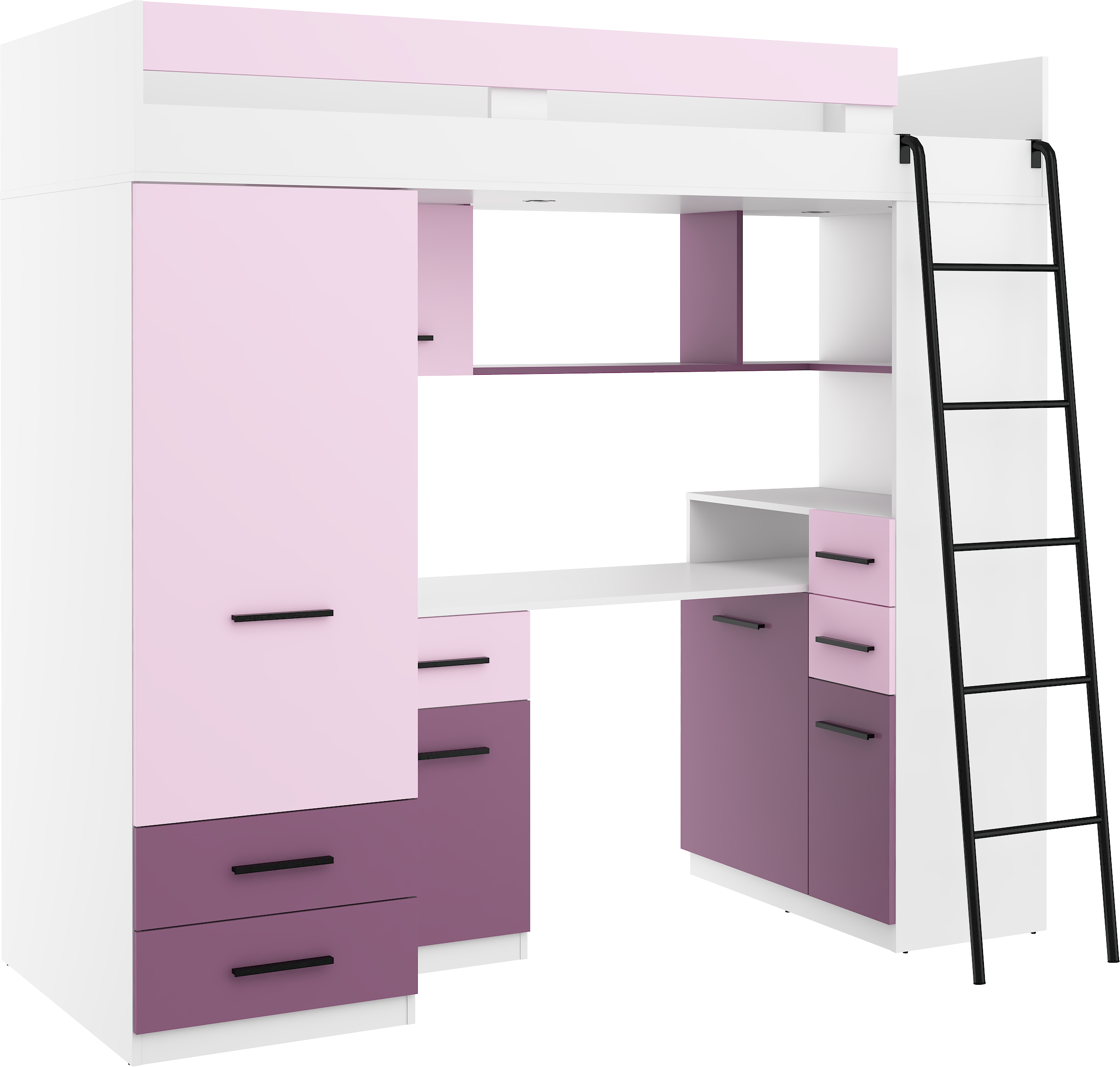 Etagenbett SMY-P mit Leiter rechts, Kleiderschrank, Schreibtisch und viele Regale