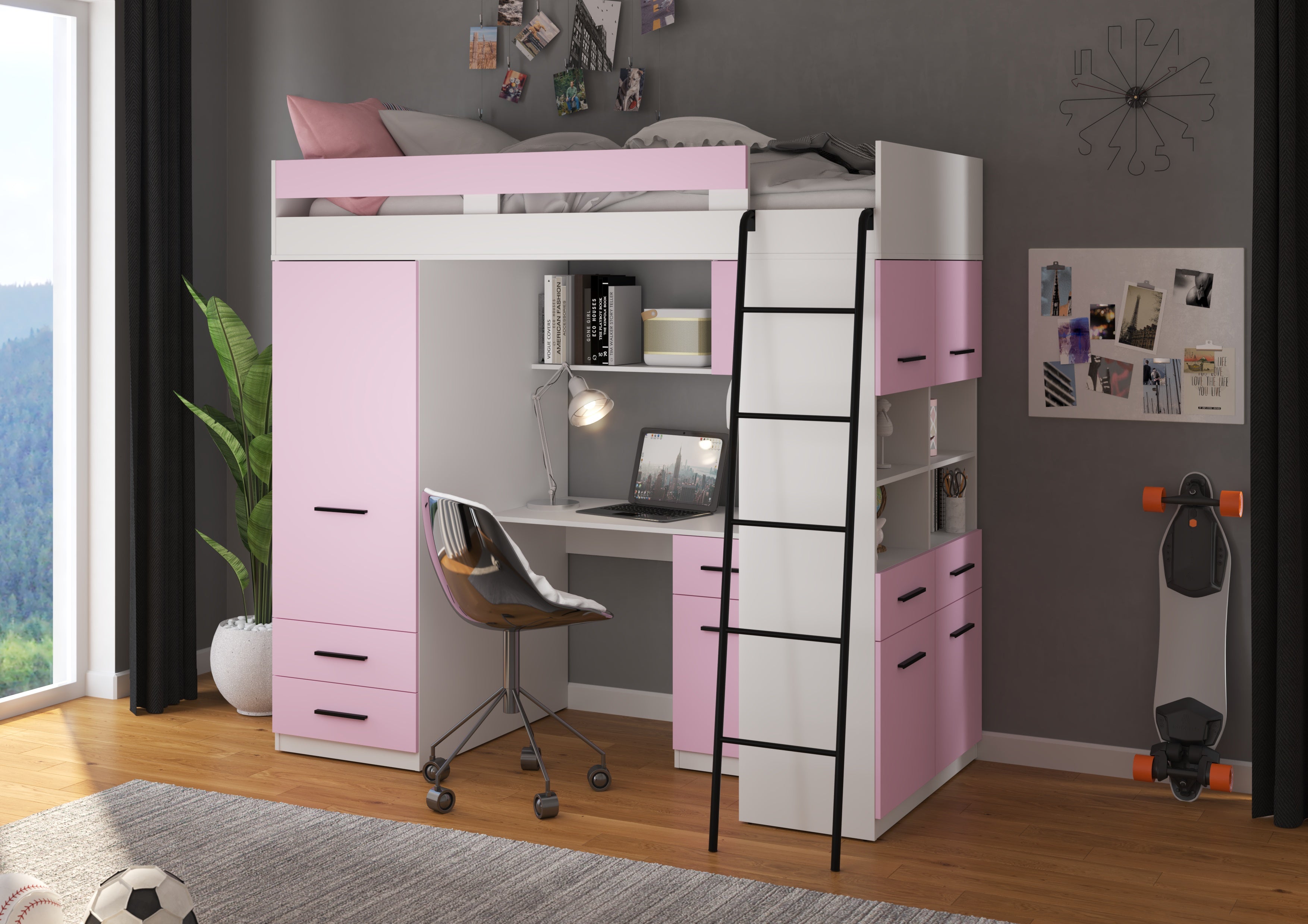 Etagenbett LEV-P mit Leiter rechts, Kleiderschrank, Schreibtisch und viele Regale