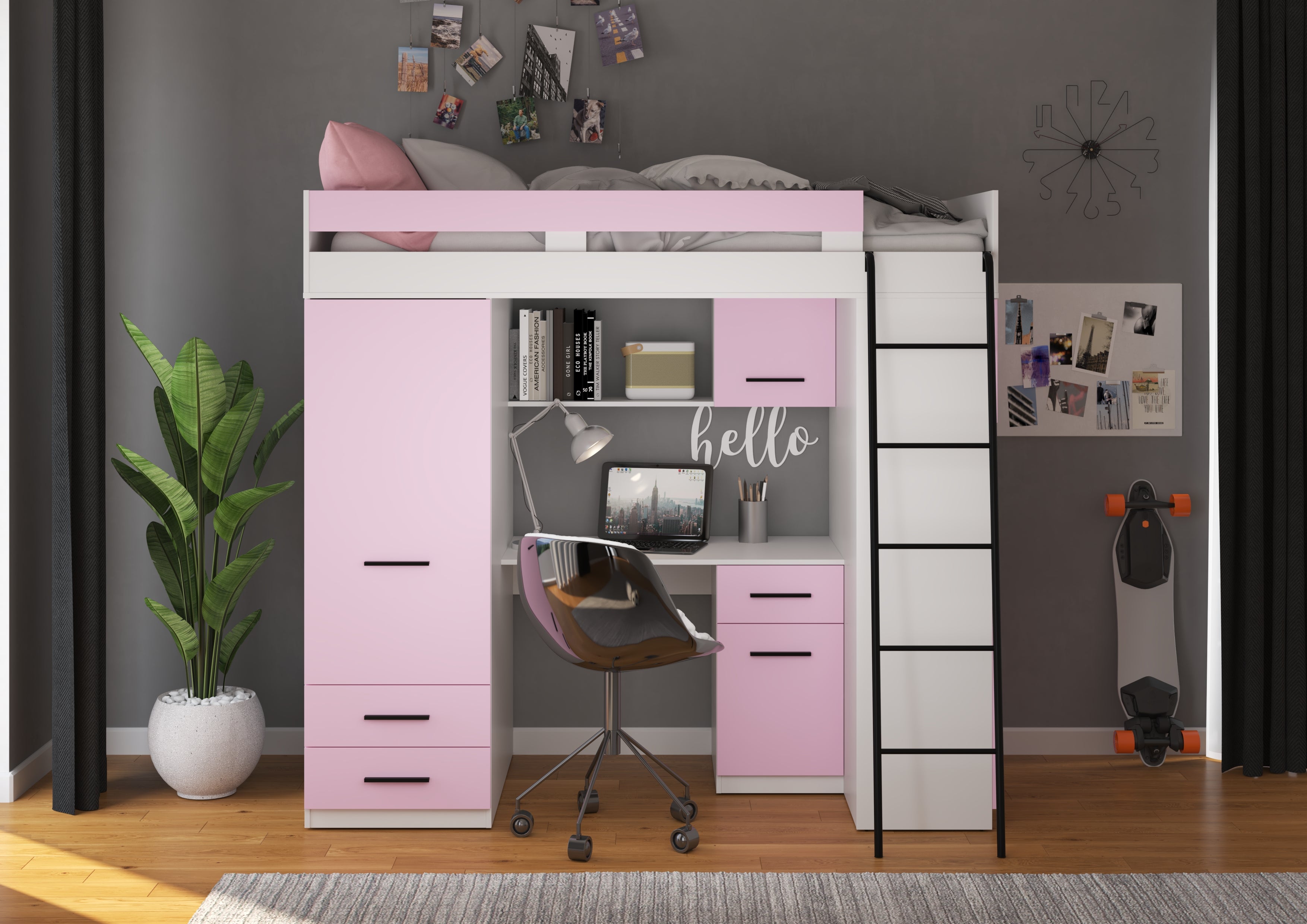 Etagenbett LEV-P mit Leiter rechts, Kleiderschrank, Schreibtisch und viele Regale