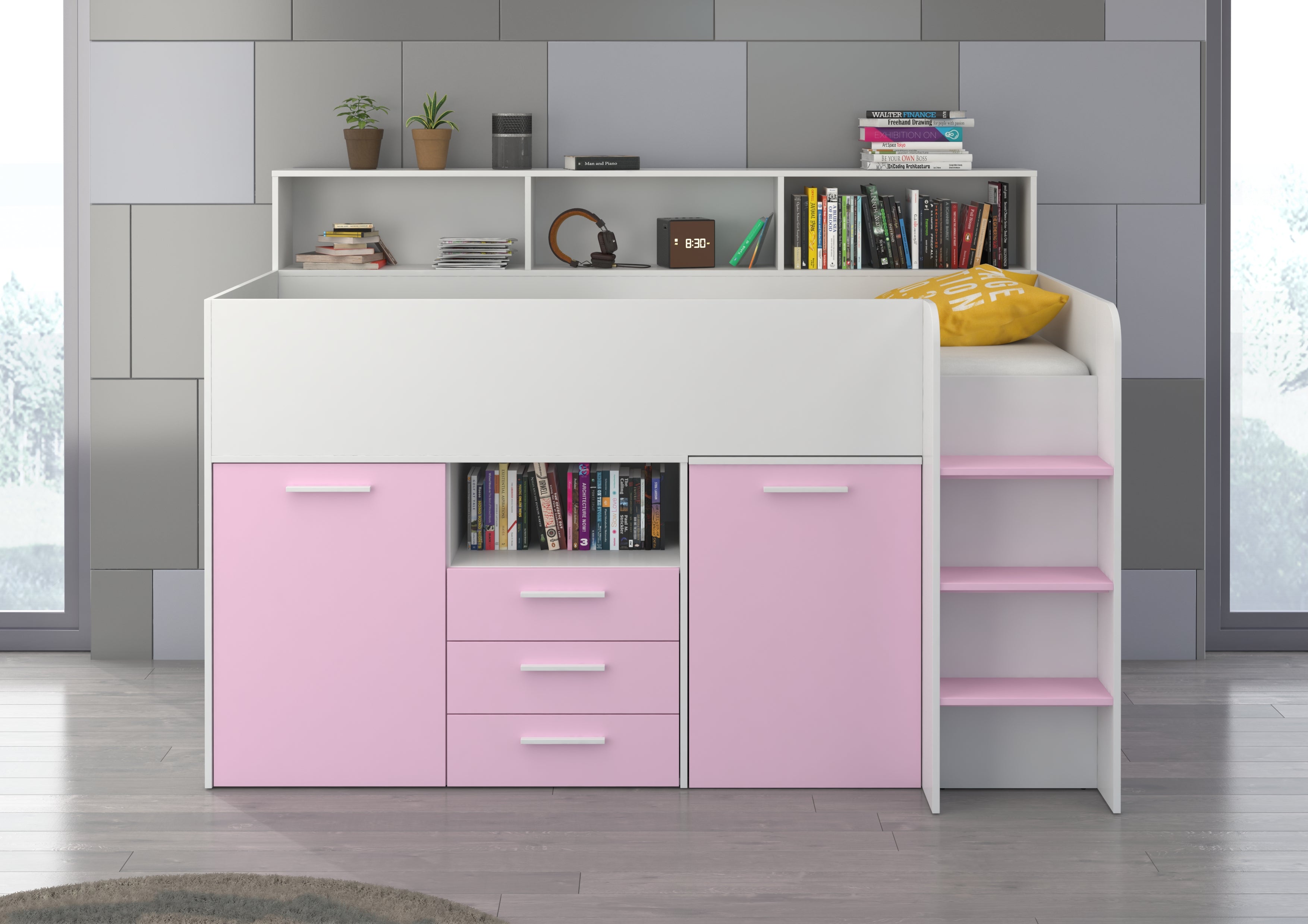 Etagenbett NE-P mit Treppe rechts, Ausziehbarer Schreibtisch und Doppel Schrank