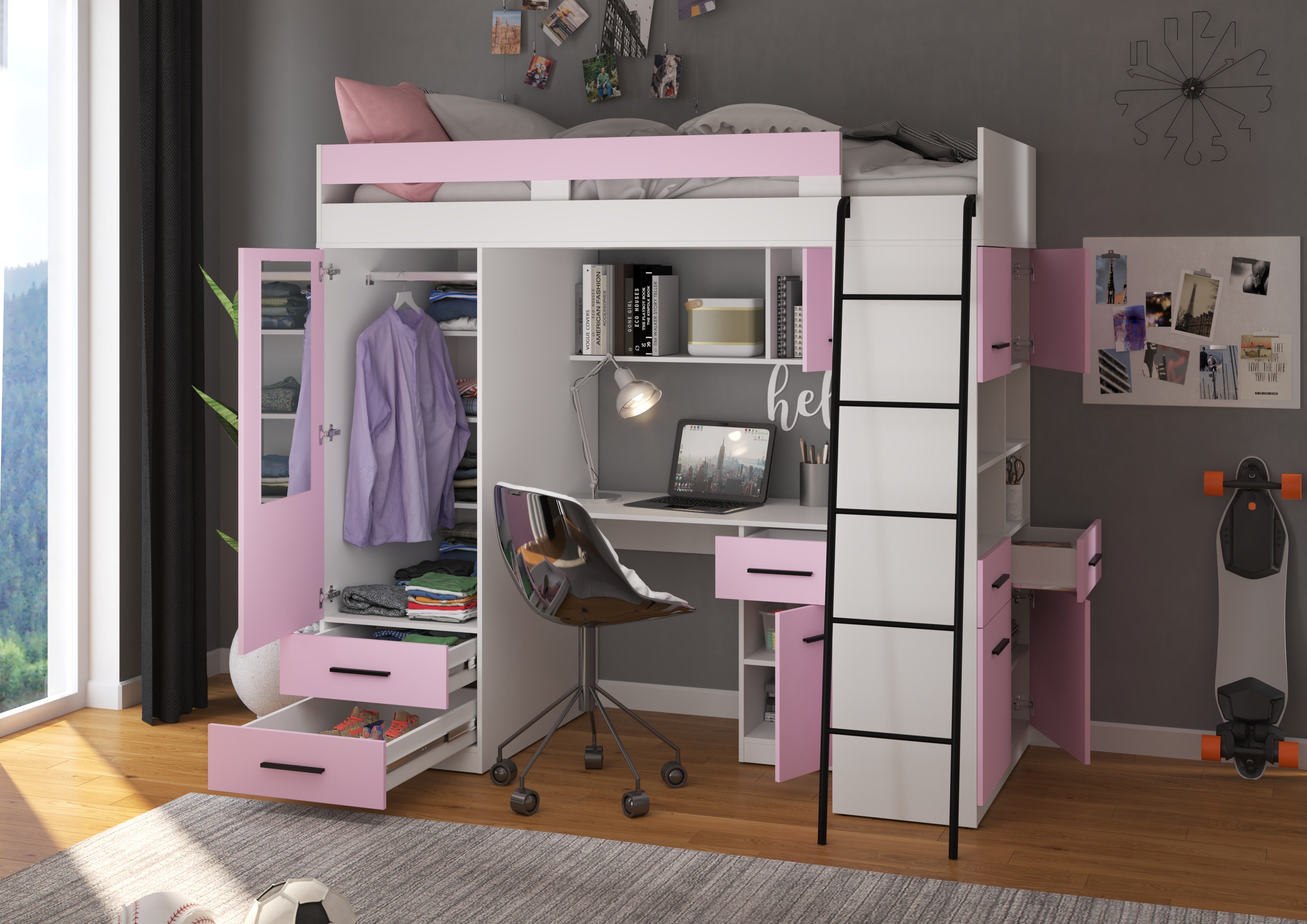 Etagenbett LEV-P mit Leiter rechts, Kleiderschrank, Schreibtisch und viele Regale