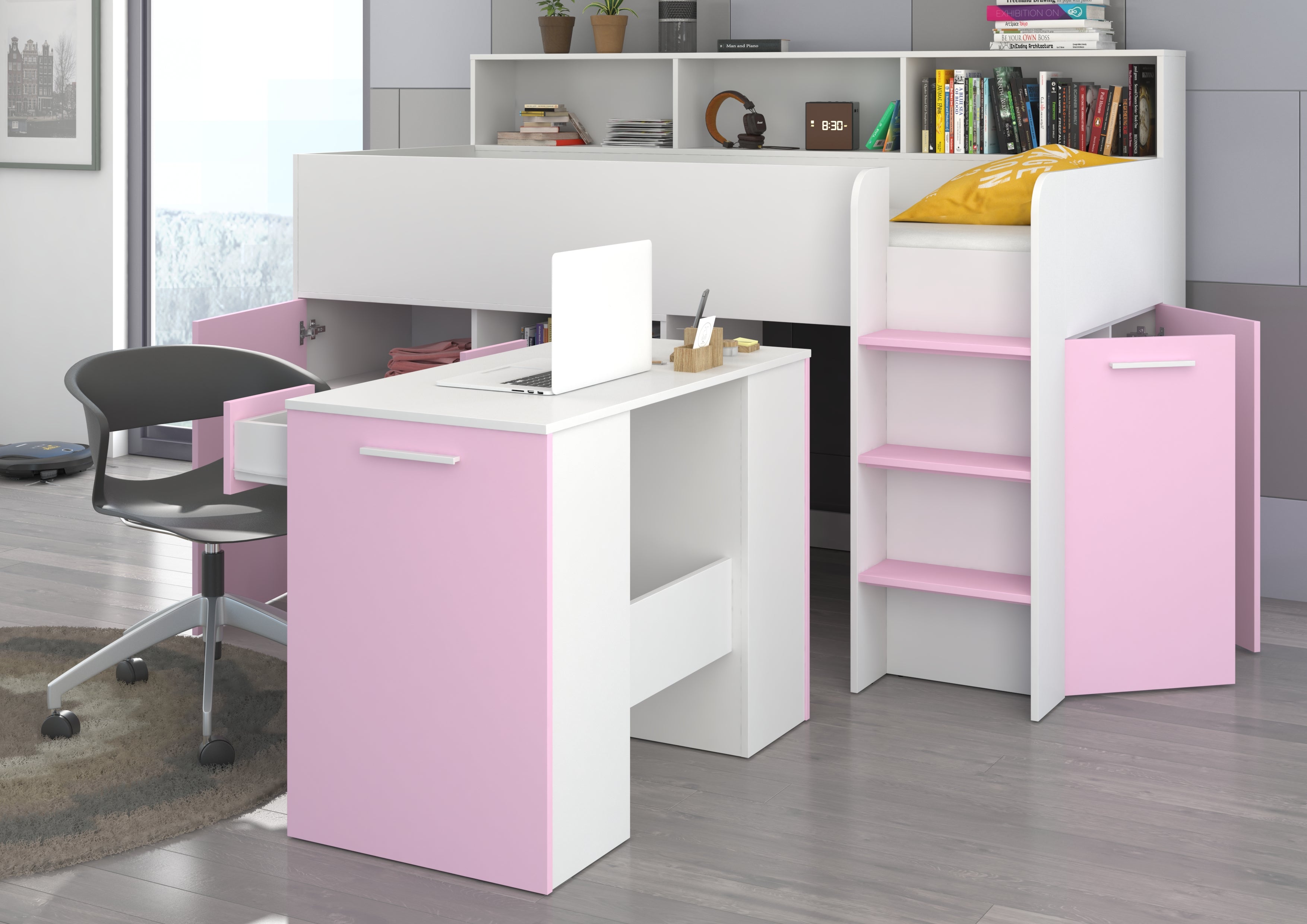 Etagenbett NE-P mit Treppe rechts, Ausziehbarer Schreibtisch und Doppel Schrank