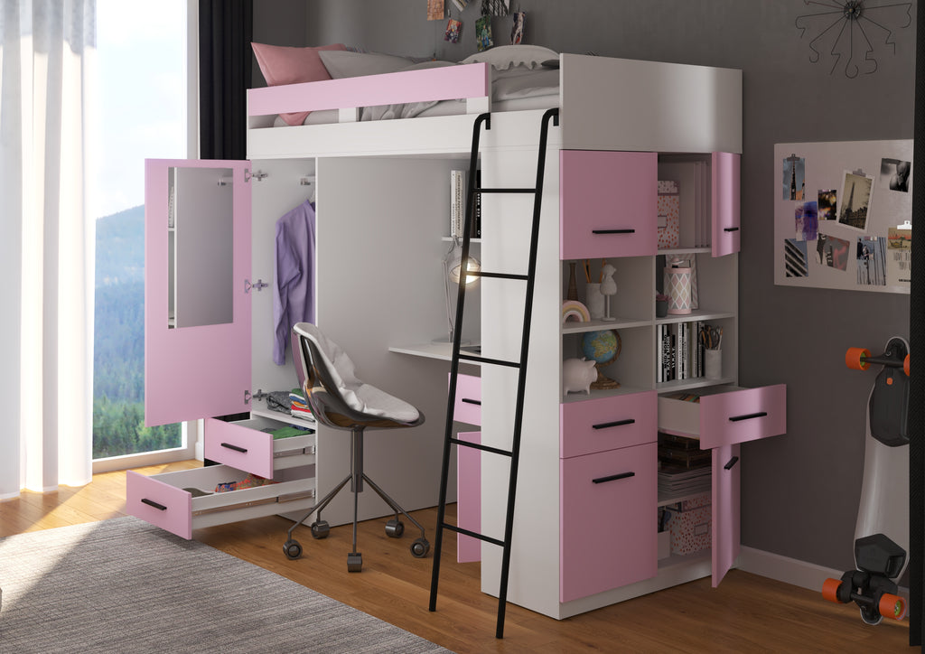 Etagenbett LEV-P mit Leiter rechts, Kleiderschrank, Schreibtisch und viele Regale