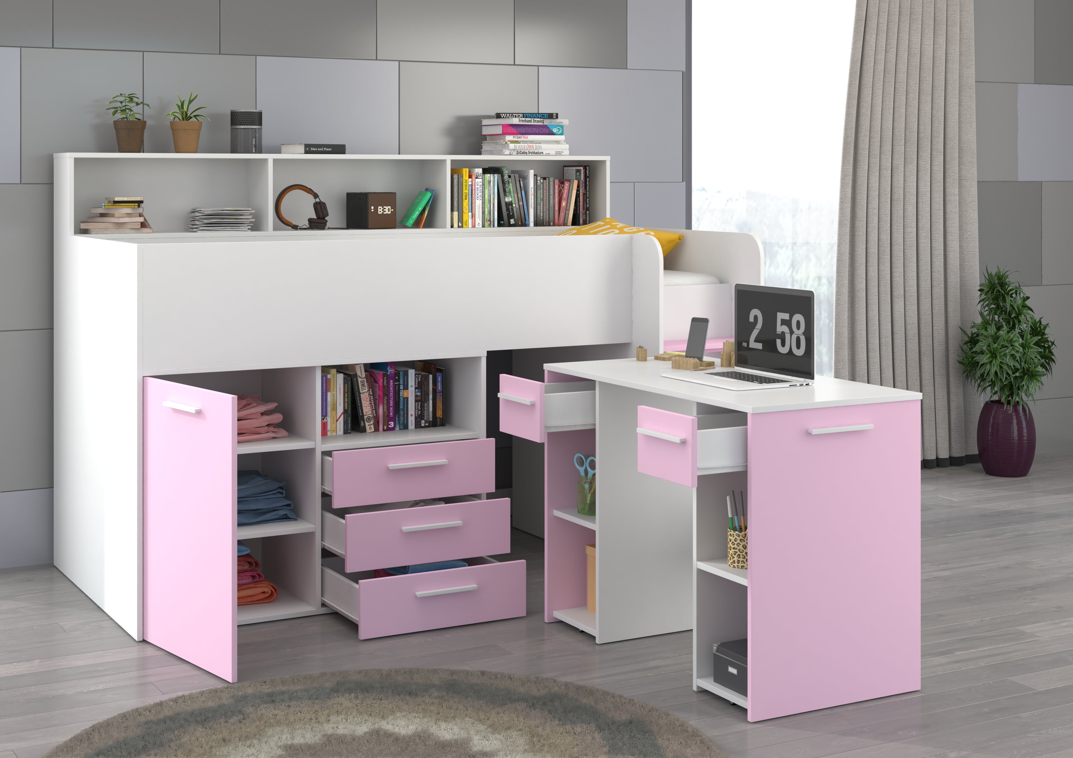 Etagenbett NE-P mit Treppe rechts, Ausziehbarer Schreibtisch und Doppel Schrank