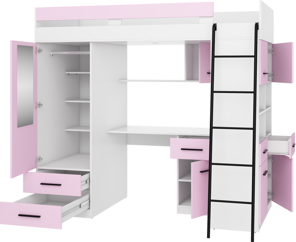 Etagenbett LEV-P mit Leiter rechts, Kleiderschrank, Schreibtisch und viele Regale