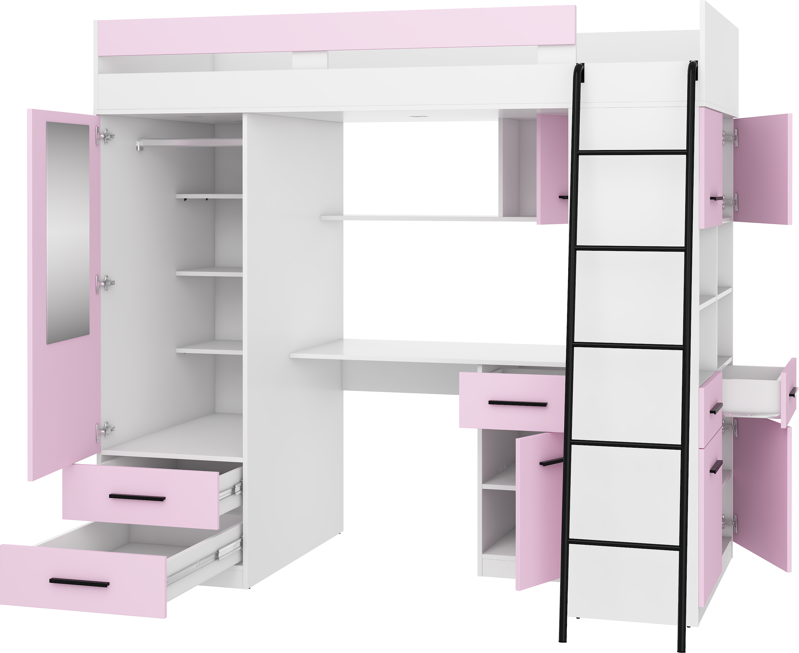 Etagenbett LEV-P mit Leiter rechts, Kleiderschrank, Schreibtisch und viele Regale