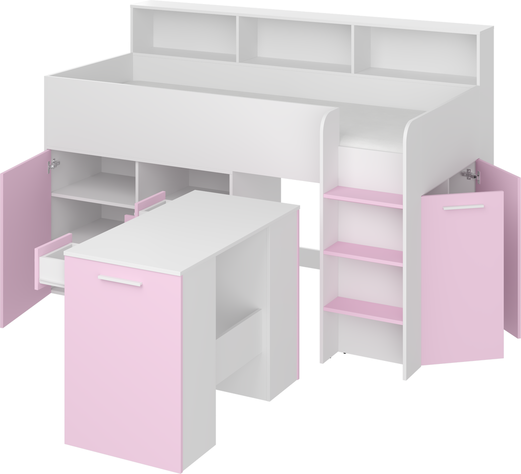 Etagenbett NE-P mit Treppe rechts, Ausziehbarer Schreibtisch und Doppel Schrank