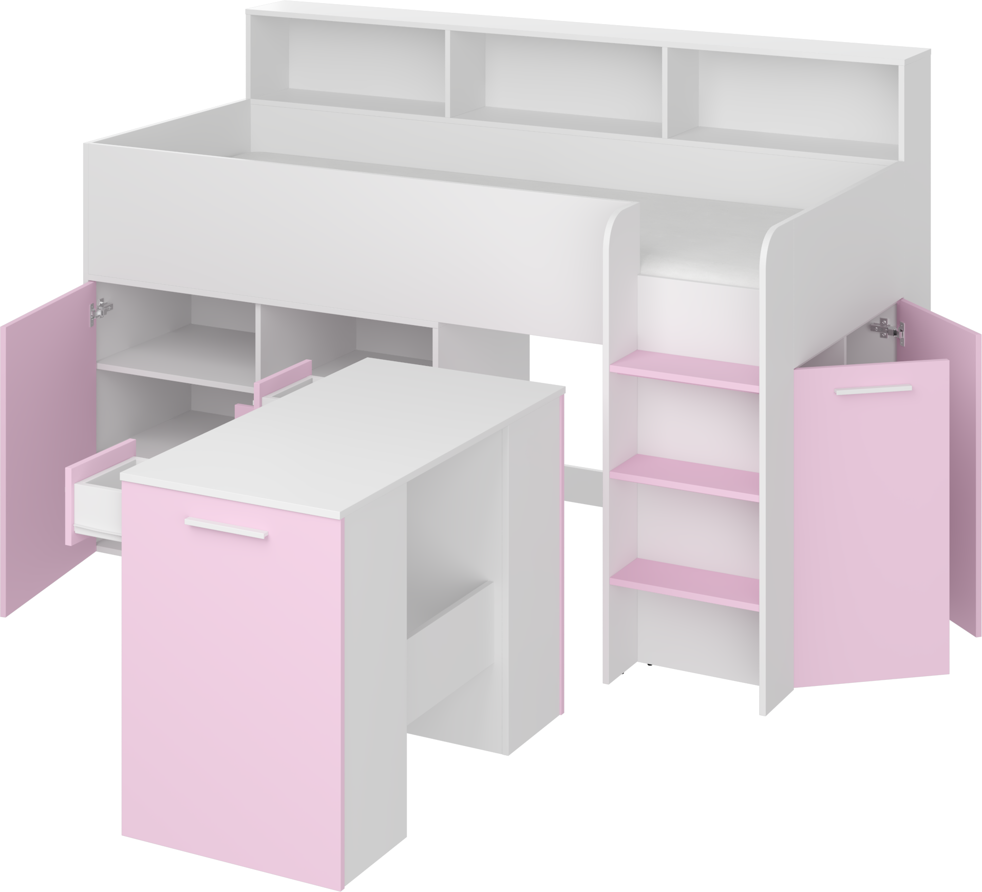 Etagenbett NE-P mit Treppe rechts, Ausziehbarer Schreibtisch und Doppel Schrank