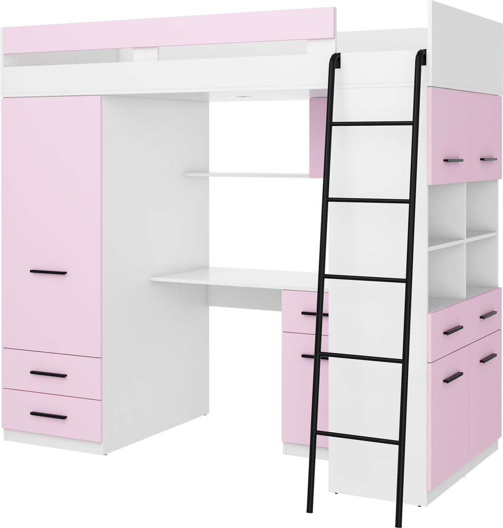Etagenbett LEV-P mit Leiter rechts, Kleiderschrank, Schreibtisch und viele Regale