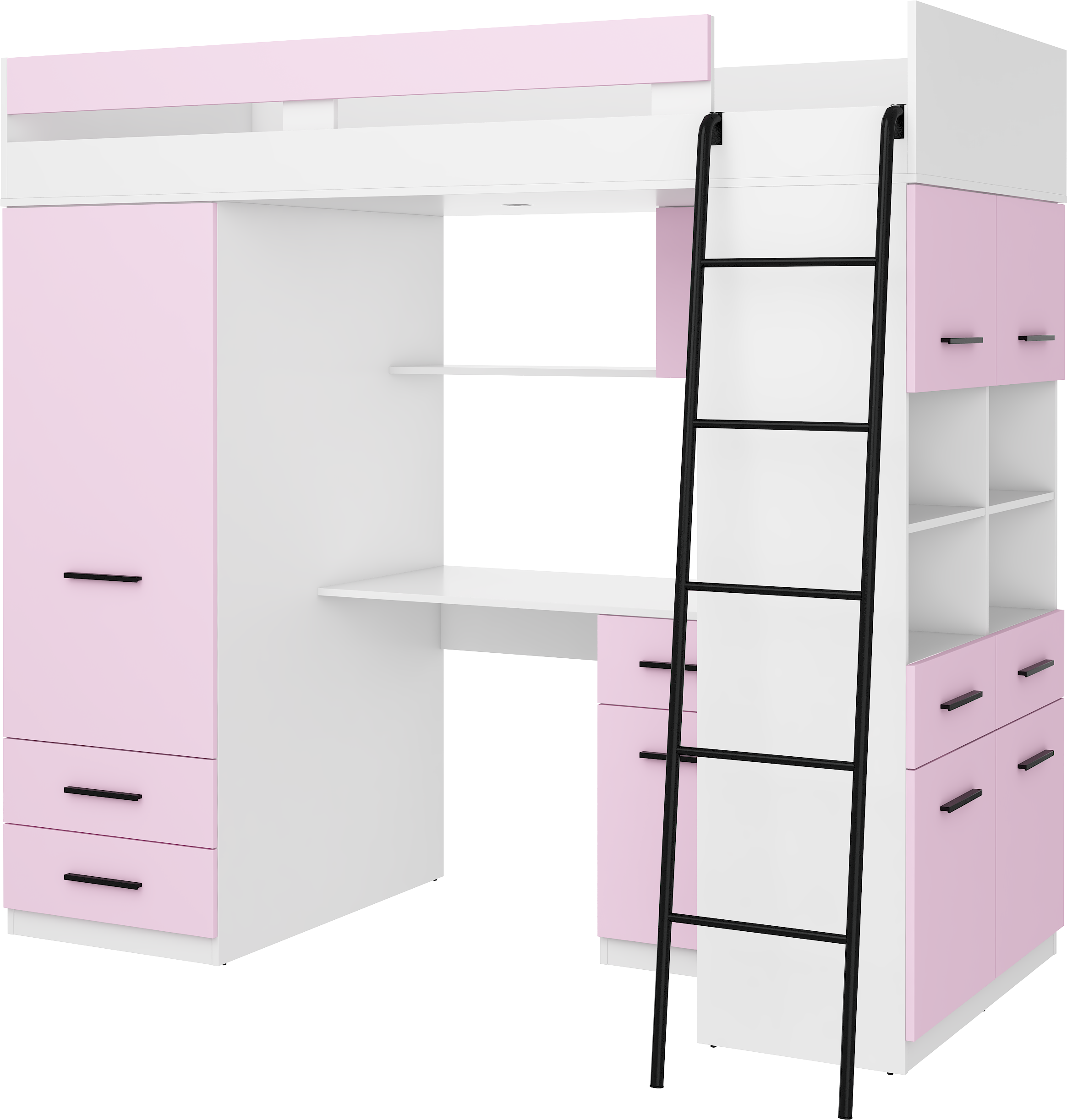 Etagenbett LEV-P mit Leiter rechts, Kleiderschrank, Schreibtisch und viele Regale