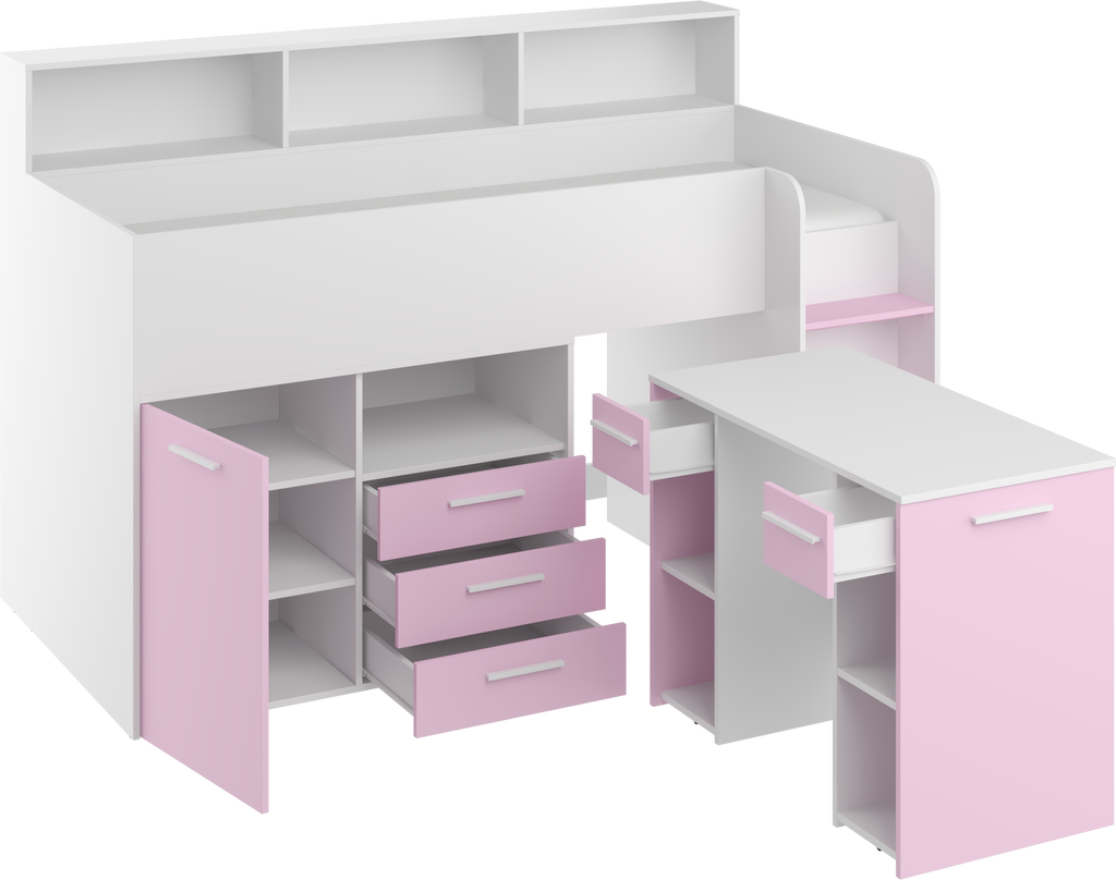 Etagenbett NE-P mit Treppe rechts, Ausziehbarer Schreibtisch und Doppel Schrank