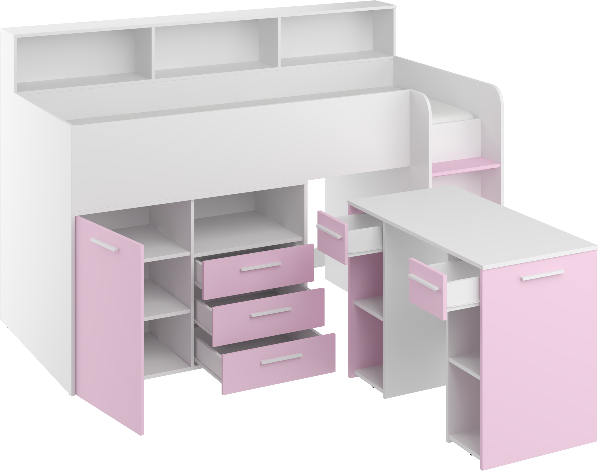 Etagenbett NE-P mit Treppe rechts, Ausziehbarer Schreibtisch und Doppel Schrank