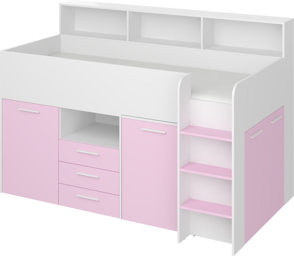 Etagenbett NE-P mit Treppe rechts, Ausziehbarer Schreibtisch und Doppel Schrank