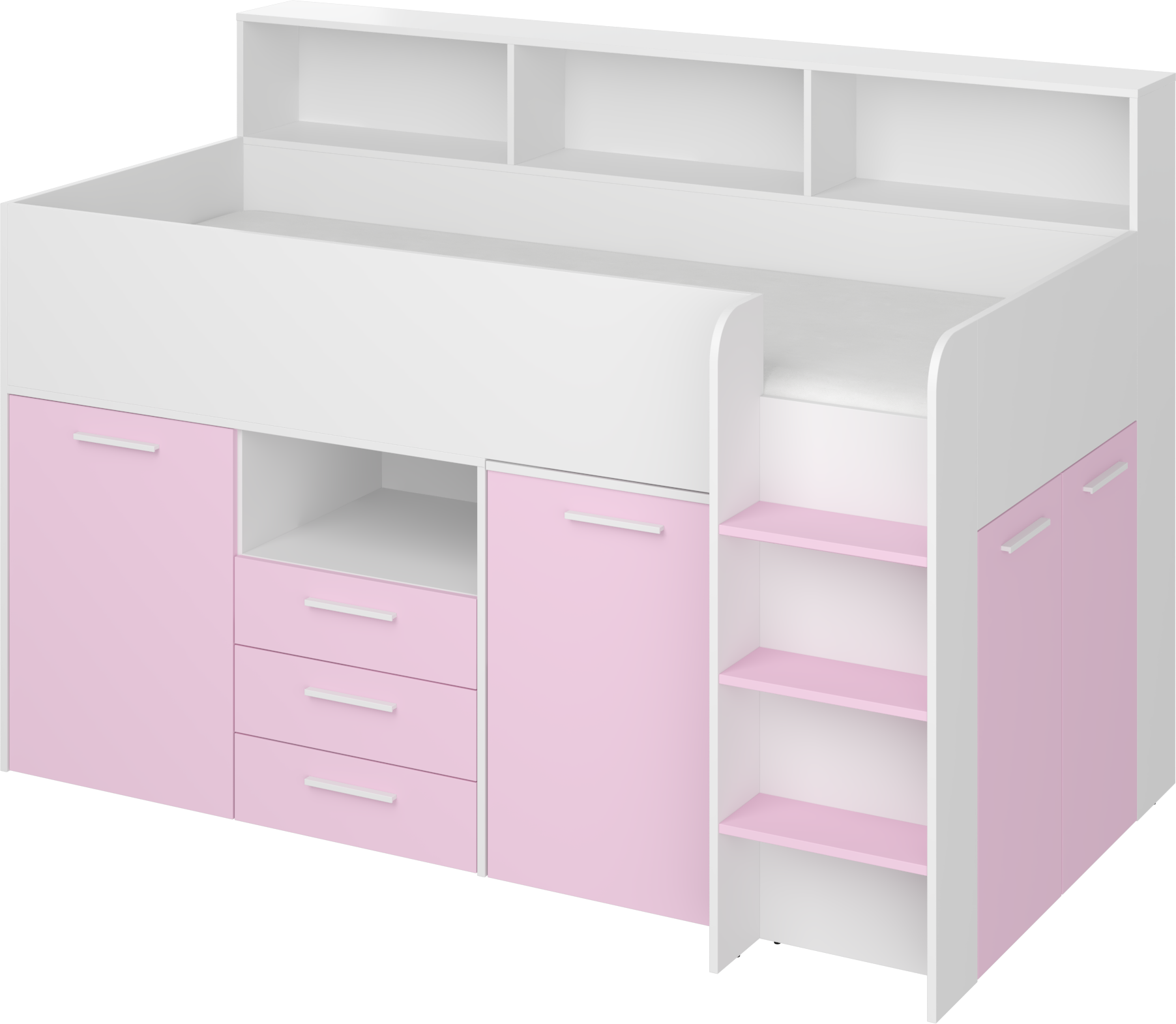 Etagenbett NE-P mit Treppe rechts, Ausziehbarer Schreibtisch und Doppel Schrank