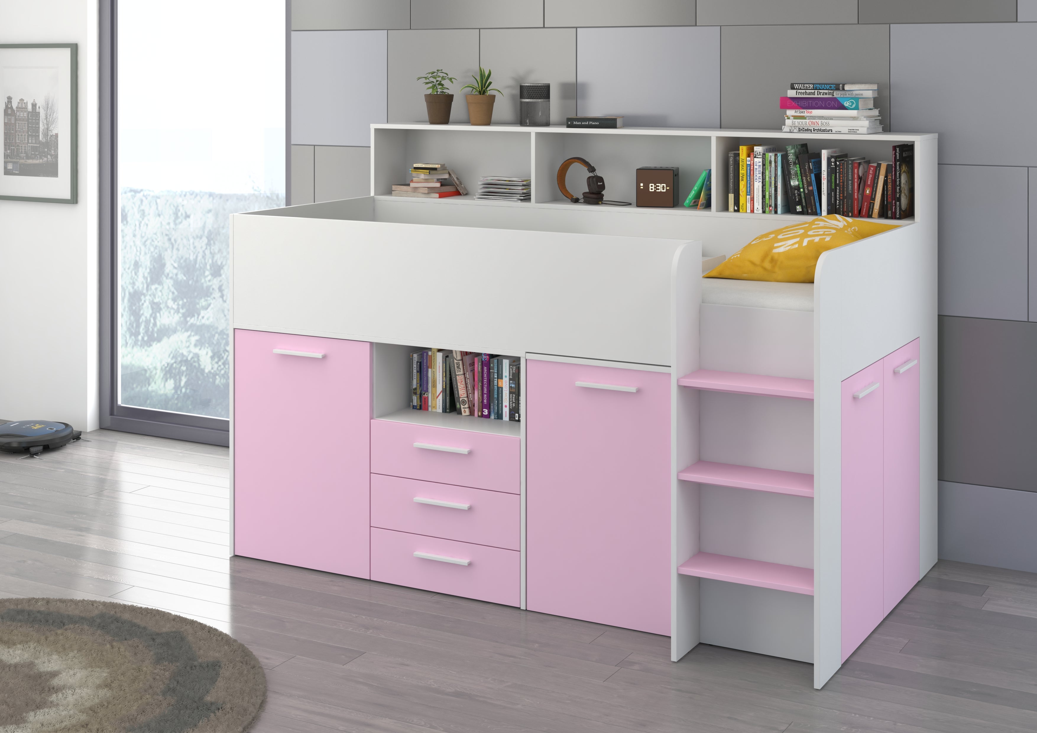 Etagenbett NE-P mit Treppe rechts, Ausziehbarer Schreibtisch und Doppel Schrank