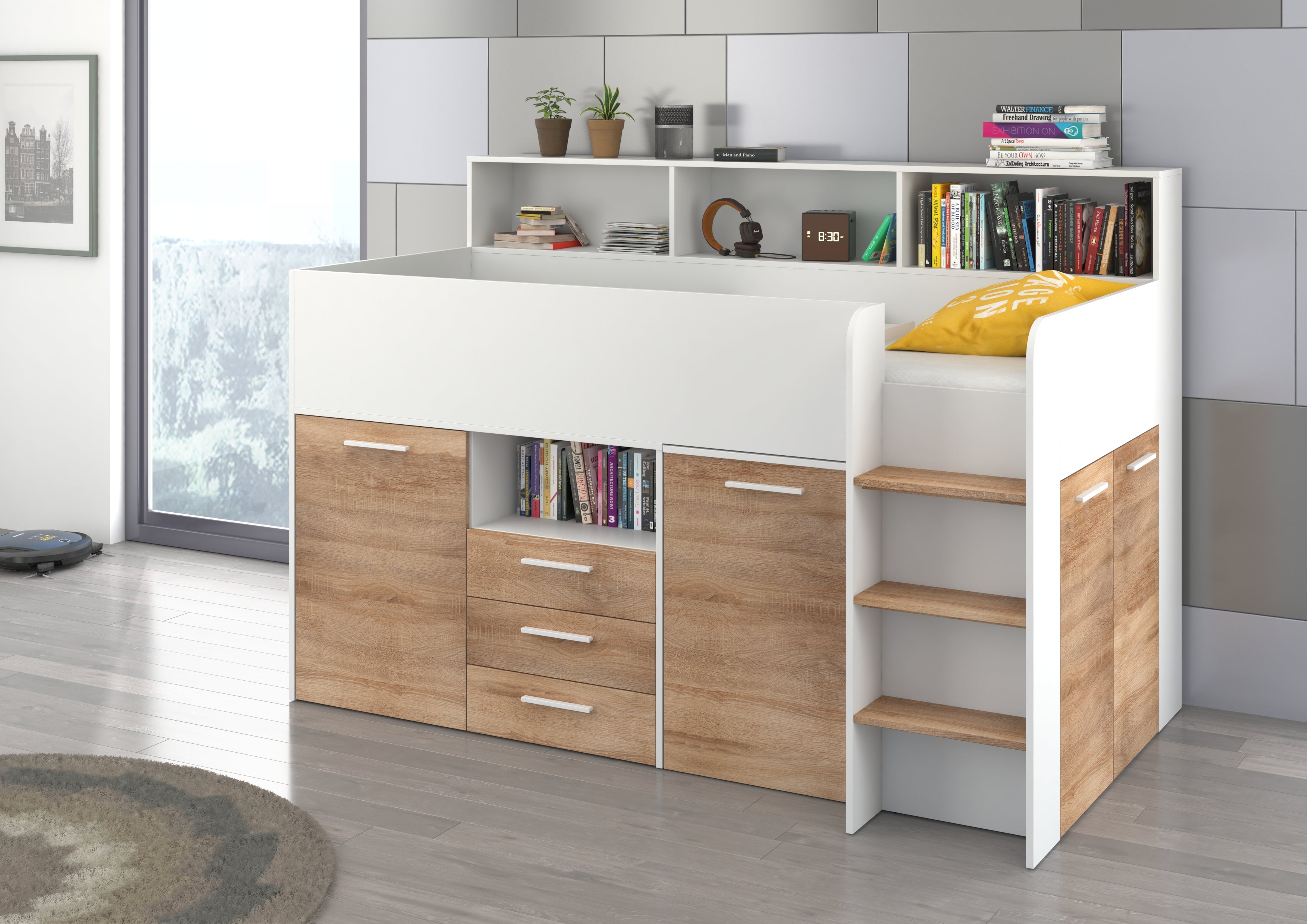 Etagenbett NE-P mit Treppe rechts, Ausziehbarer Schreibtisch und Doppel Schrank