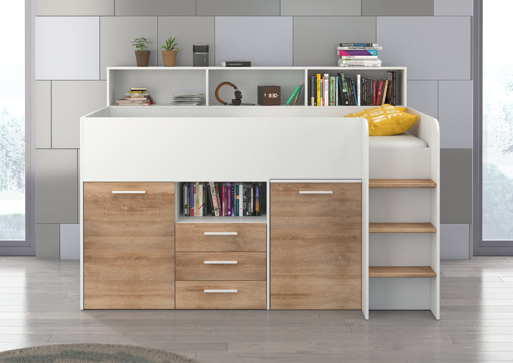 Etagenbett NE-P mit Treppe rechts, Ausziehbarer Schreibtisch und Doppel Schrank