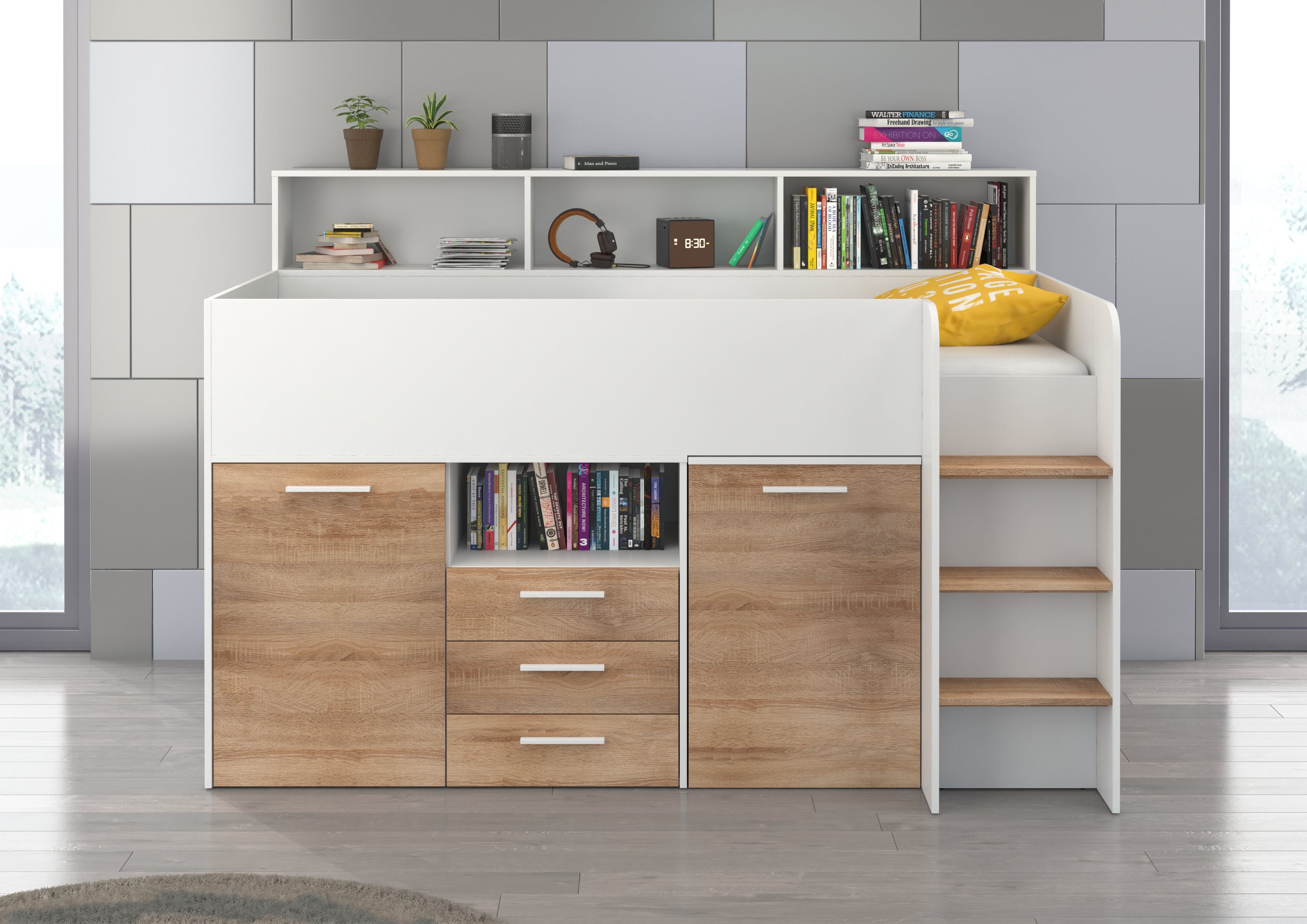 Etagenbett NE-P mit Treppe rechts, Ausziehbarer Schreibtisch und Doppel Schrank