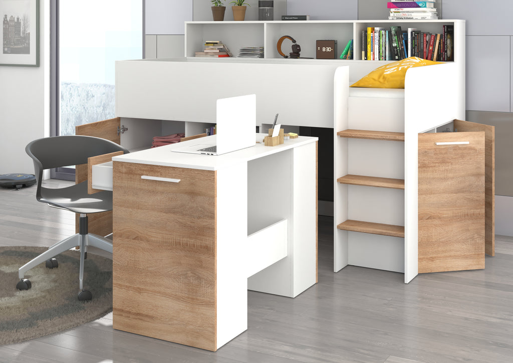 Etagenbett NE-P mit Treppe rechts, Ausziehbarer Schreibtisch und Doppel Schrank